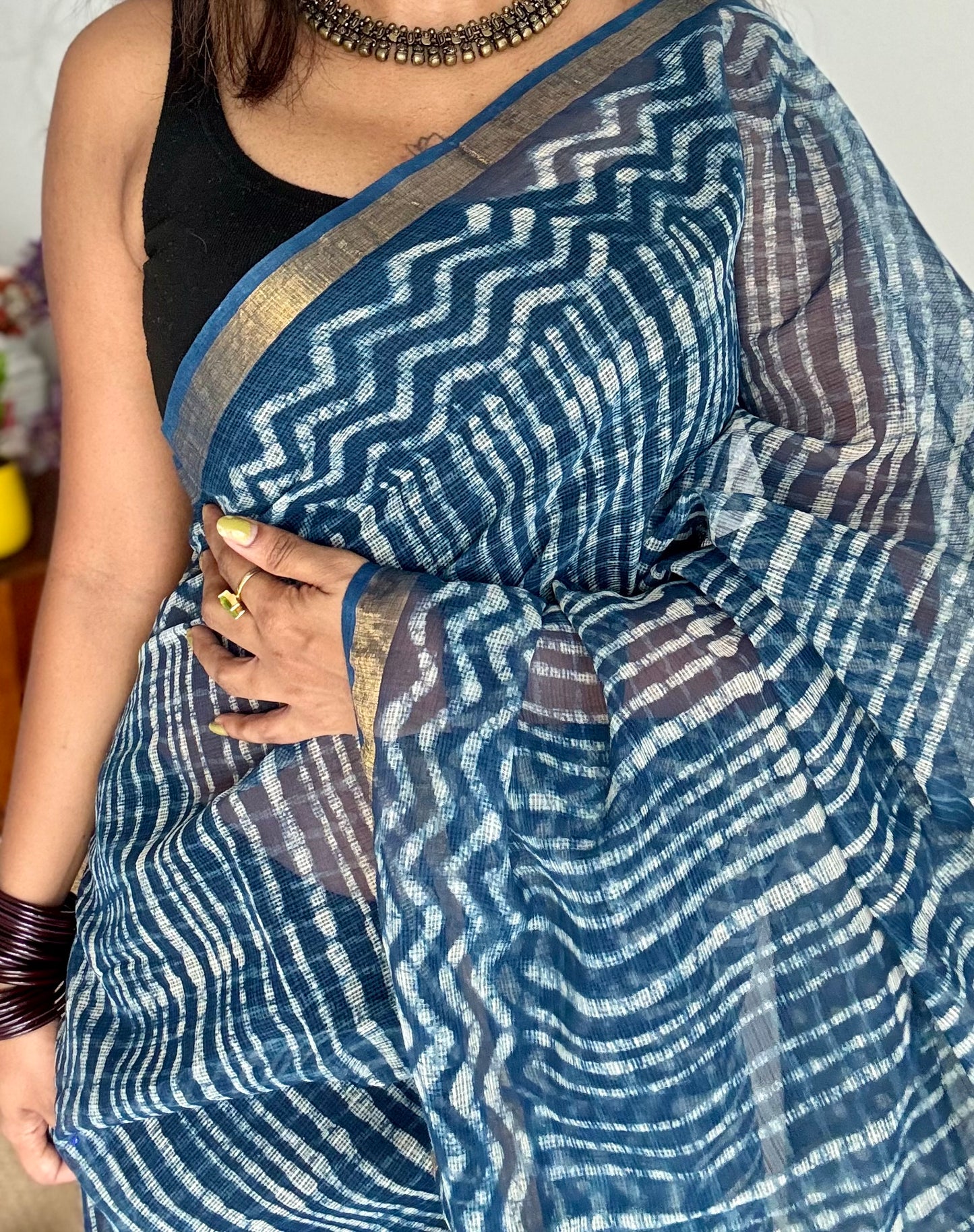 Zig Zag Zindagi - Indigo kota doria saree, with gold zari border - YCTORKDAP05