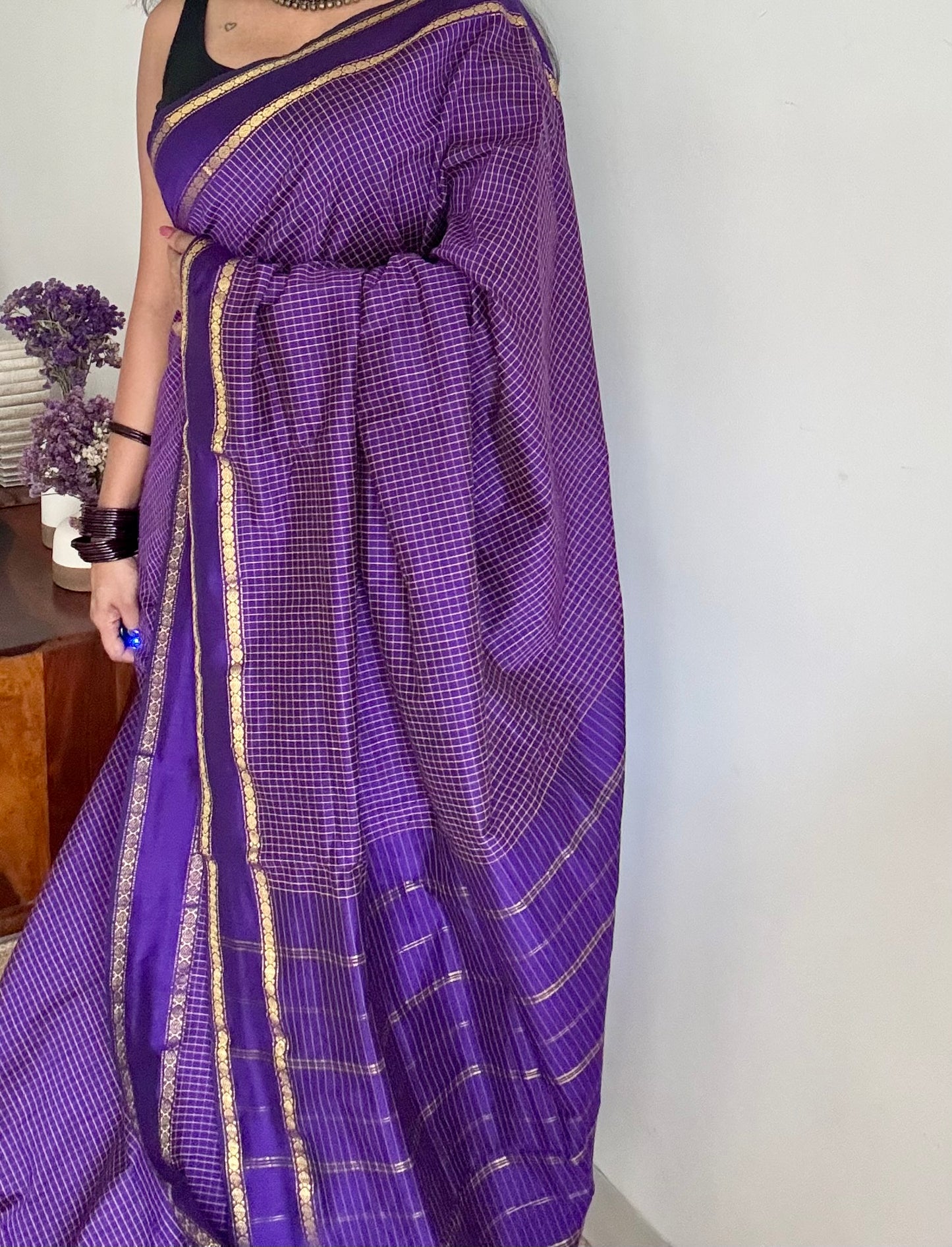 Purple arani checks saree, cotton silk - YCCOTNMA275