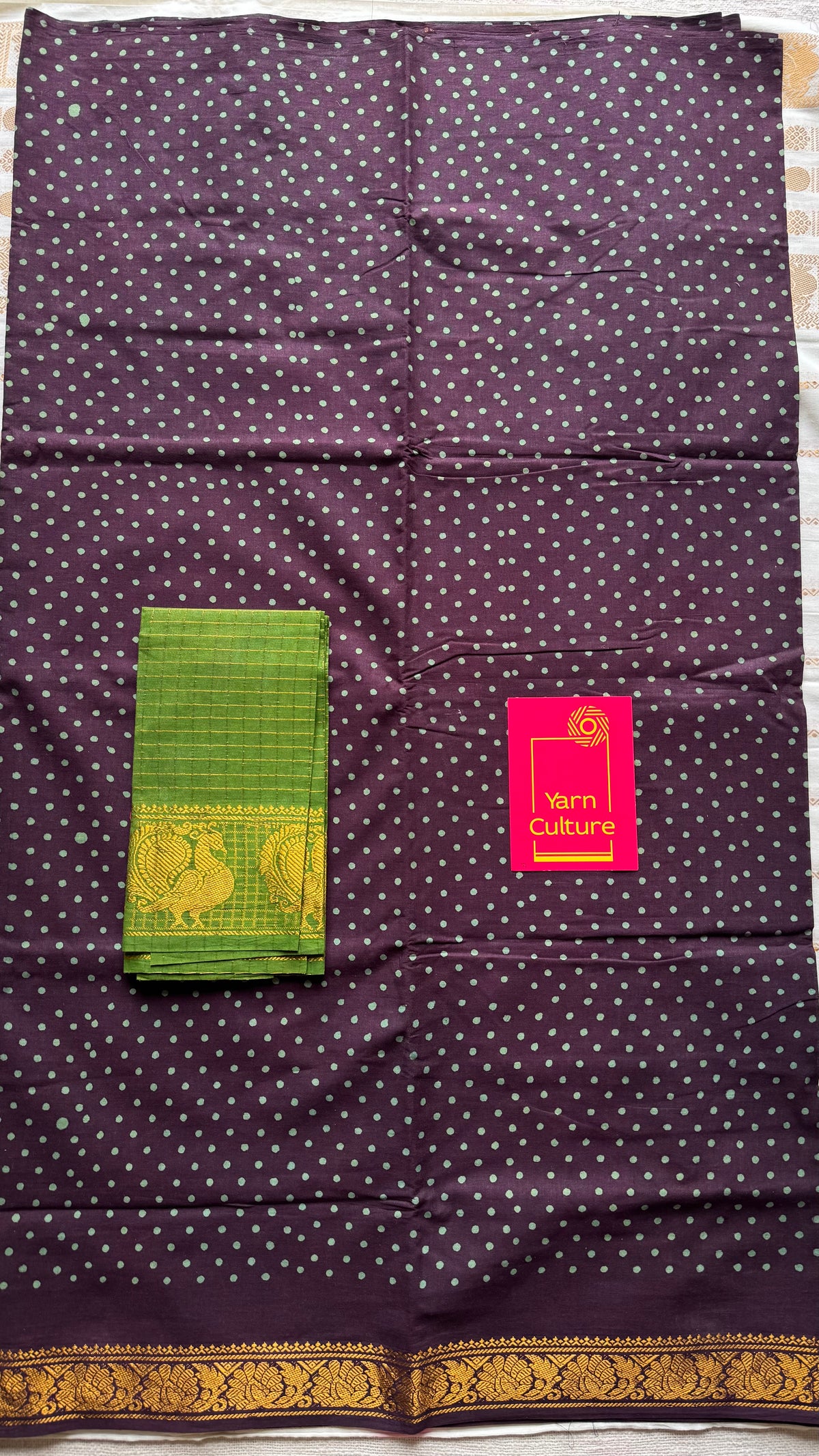 Purple brown sungudi dotted, single-side border, kattuchayam dyed madurai cotton saree - YCCOTNMSSE06