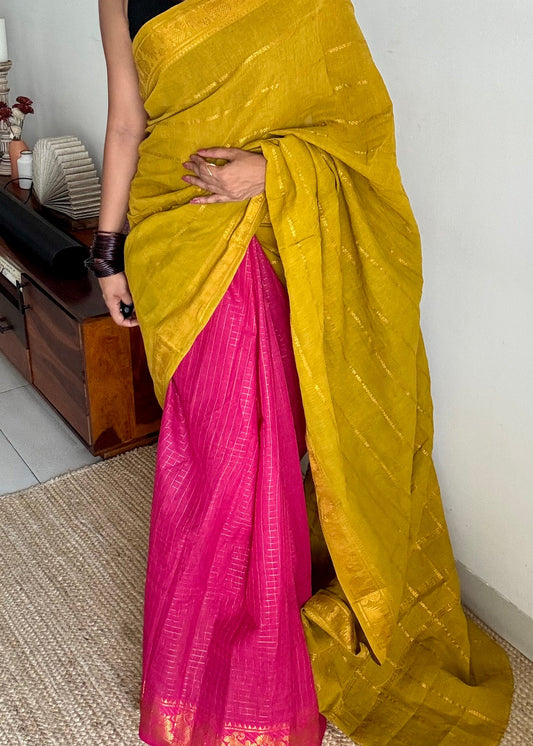 Lime green with hot pink, sungudi cotton half-half saree - YCCOTNIDMA291