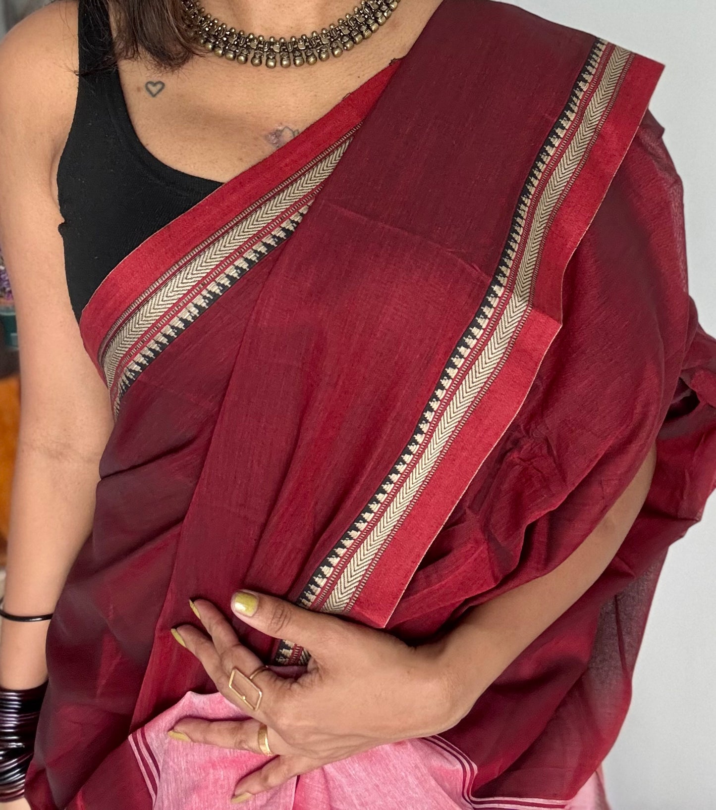 Maroon with red border narayanpet saree, soft cotton - YCWOTDNPFE30