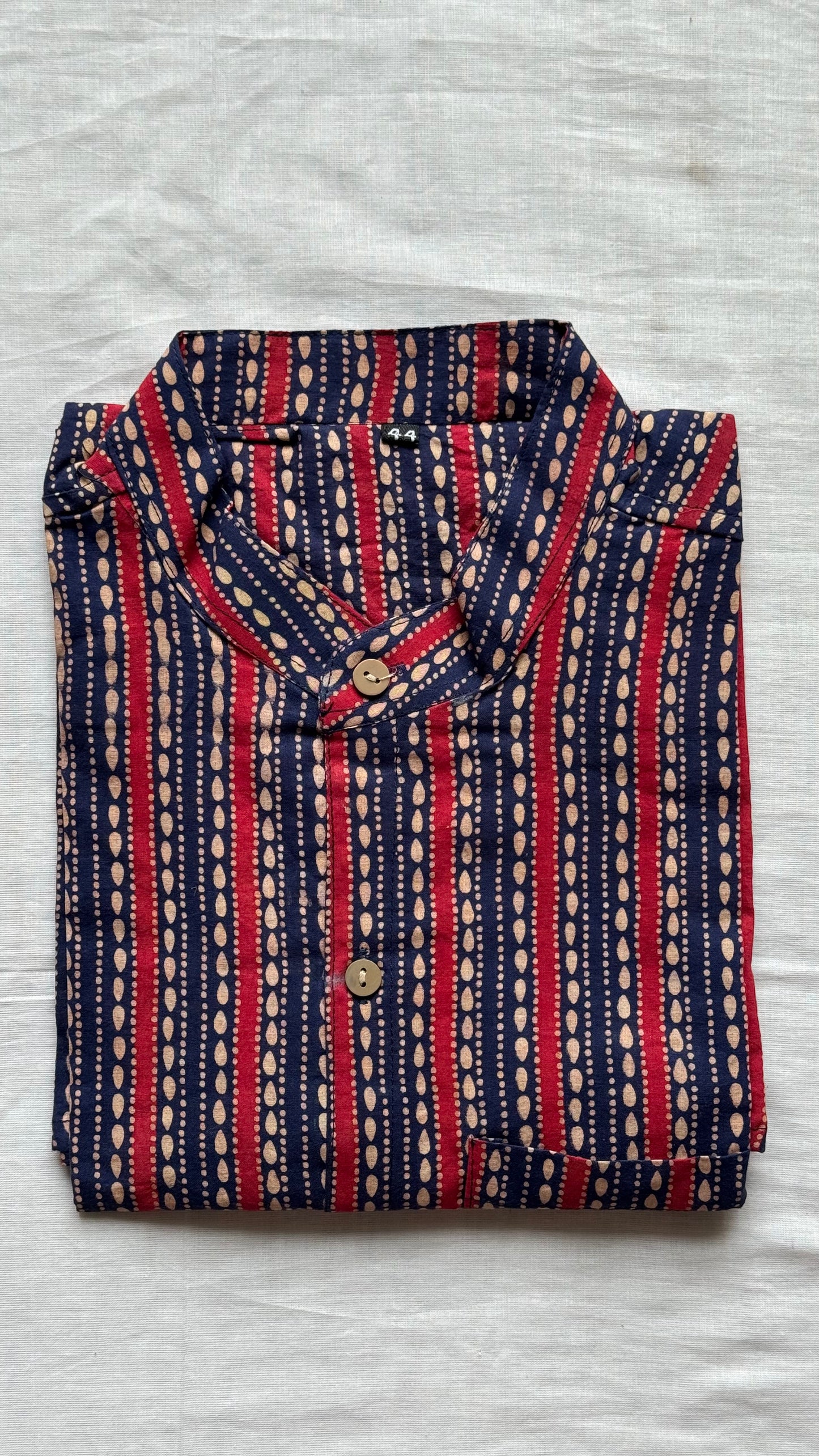 Dark Blue & Red Striped Block Printed Cotton Men's Half Sleeve Mandarin Collar Kurta Shirt - YCMSEIE185