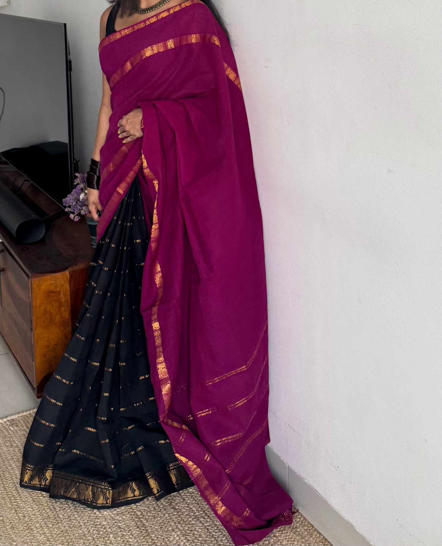 Purple pink (vadamalli) with black, sungudi cotton half-half saree - YCCOTNMSFE359