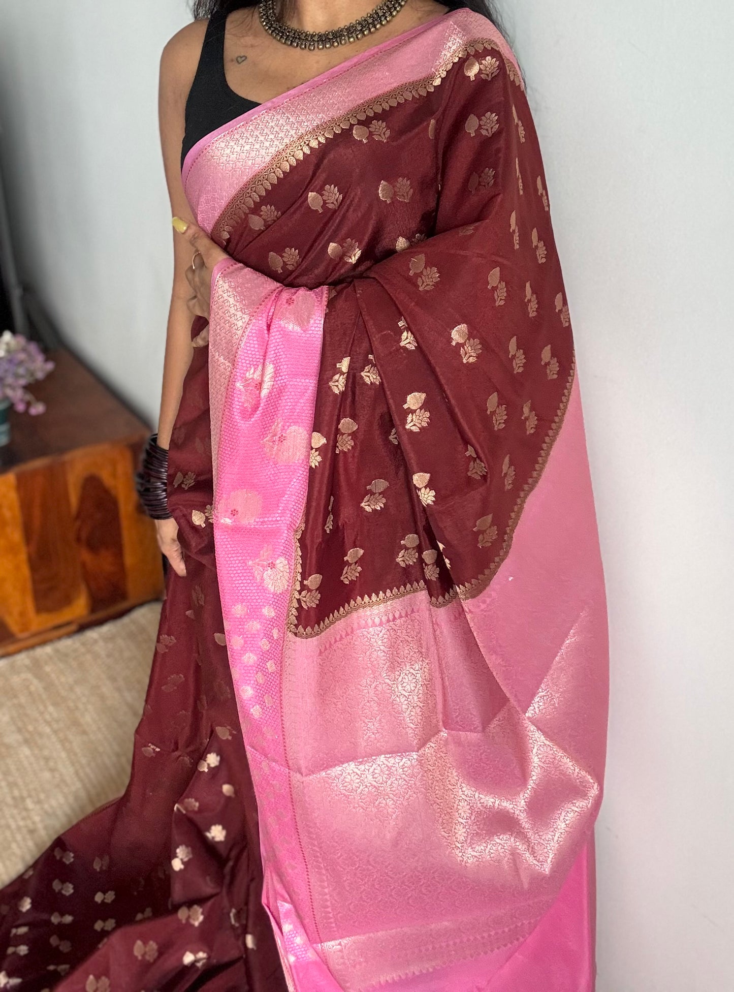 Coffee brown with pink border, semi dupion silk - YCBLSSJA23