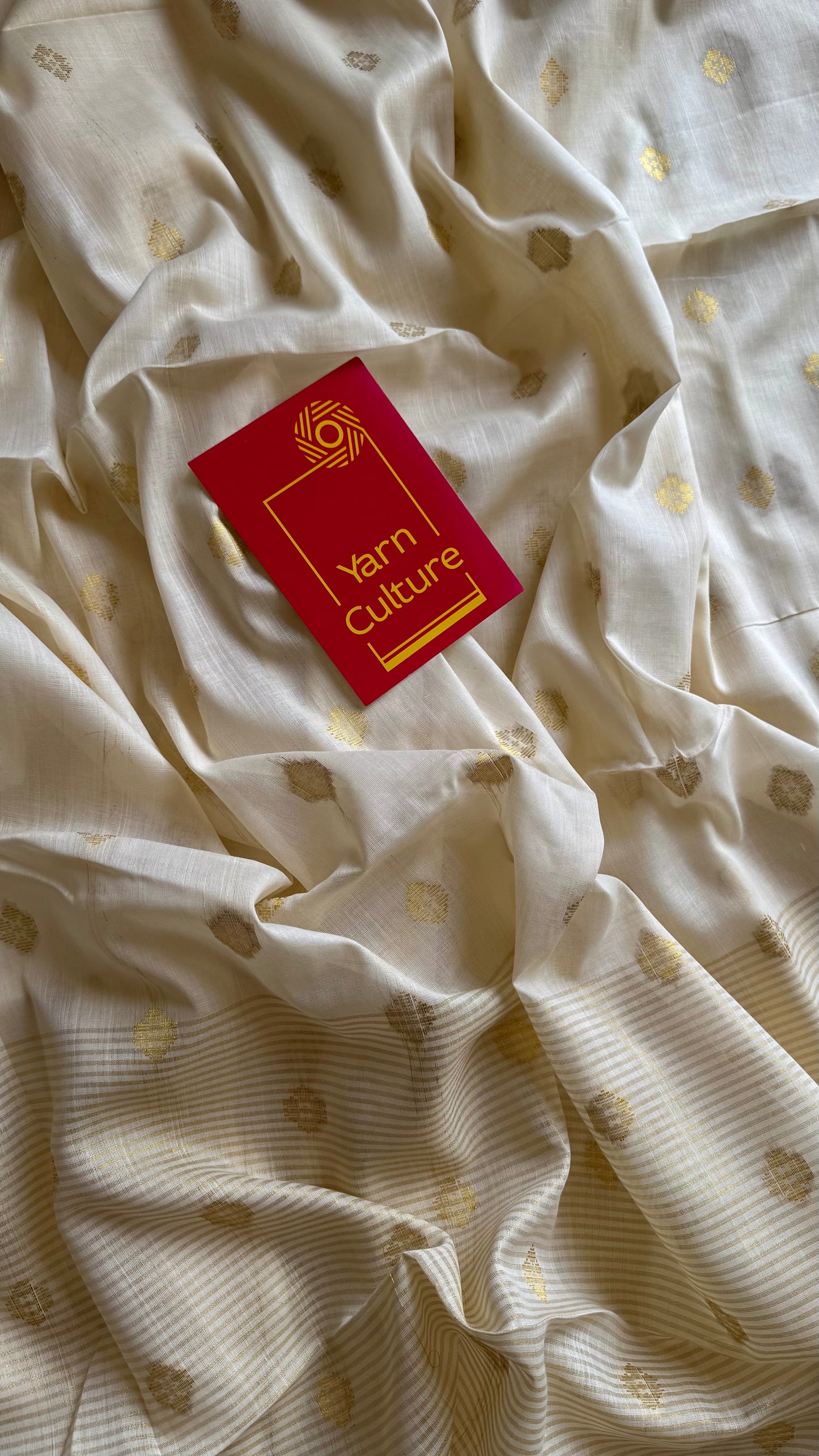 Ivory and gold kerala saree with woven buttas, striped pallu - YCIEON43