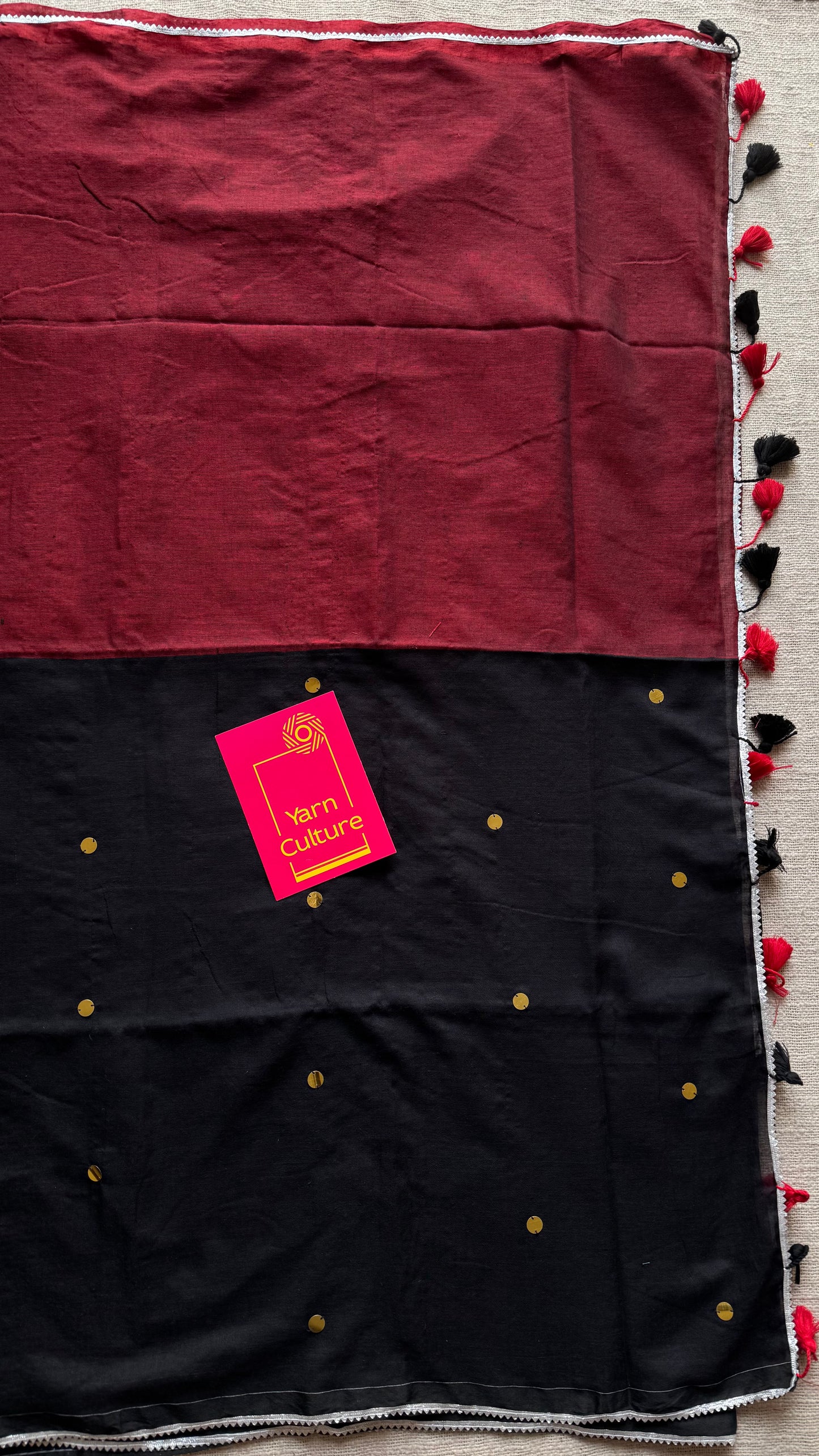 Maroon with black half-half patterned mul with sequins and silver lace border - YCBCMCNO72