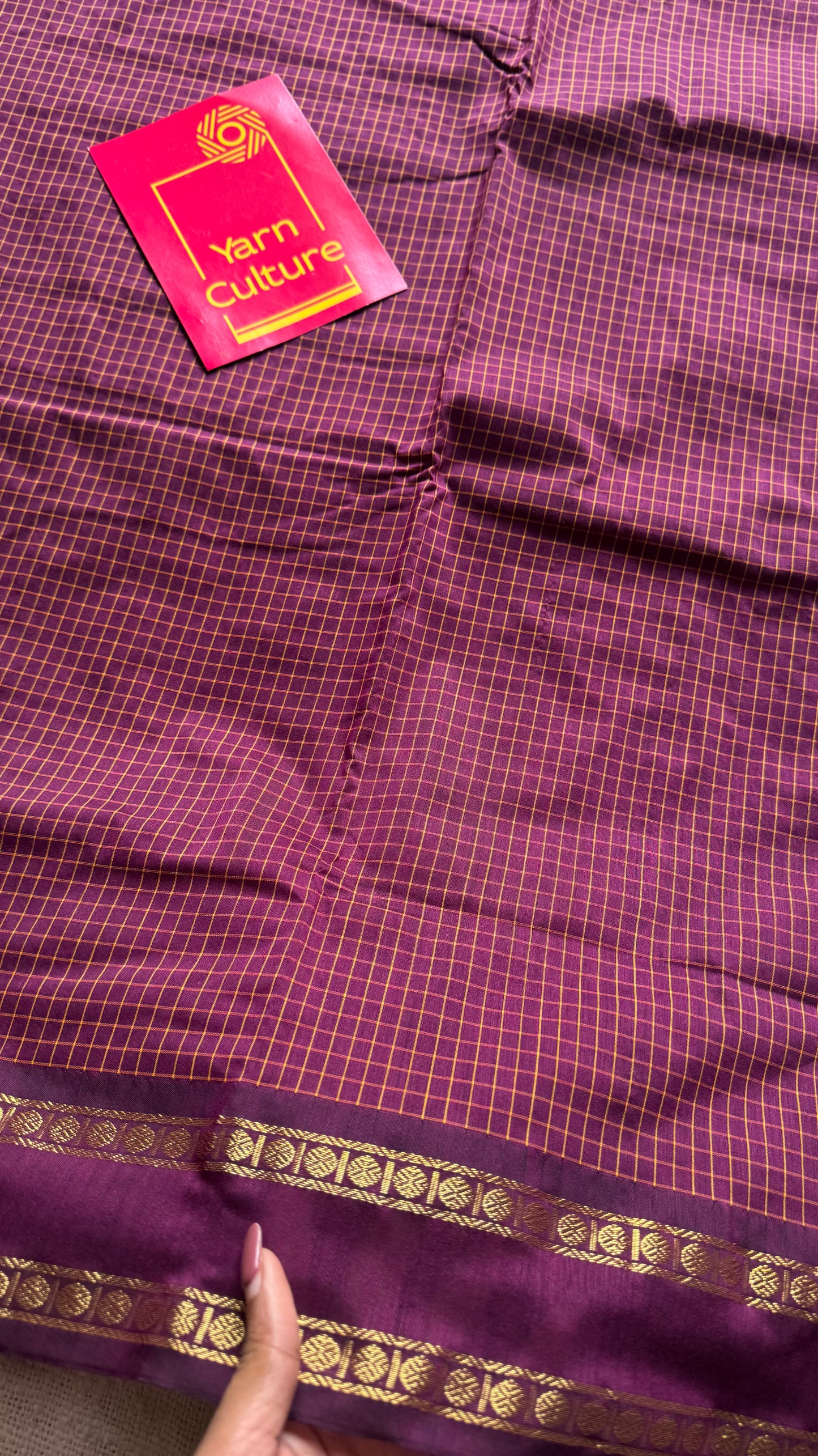 Dark berry pink (light burgundy), arani checks saree, cotton silk - YCCOTNAUG17
