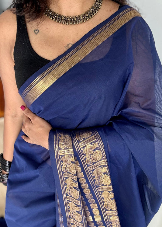Dark blue with single side broad zari border, chettinad cotton - YCCOTNAUC55