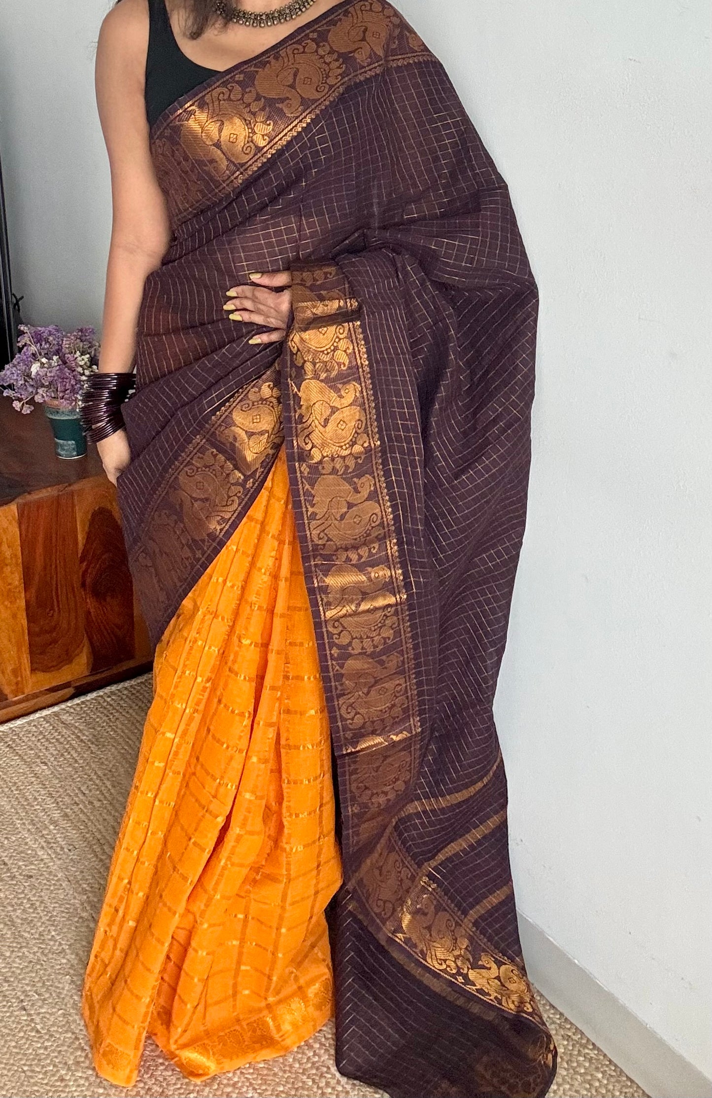 Purple brown with yellow, sungudi cotton half-half saree - YCCOTNMSFE351