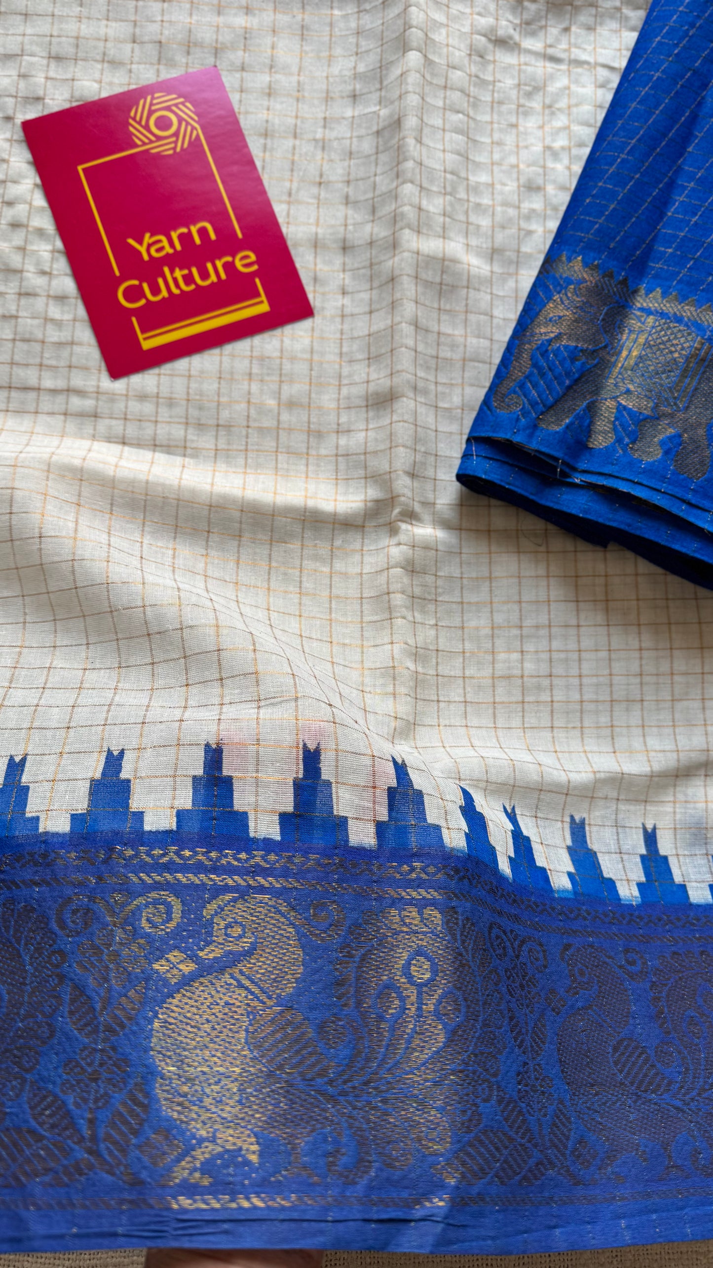 Sungudi cotton checks, ivory gold base, yellow and blue border, soft cotton - YCCOTNGJJA166
