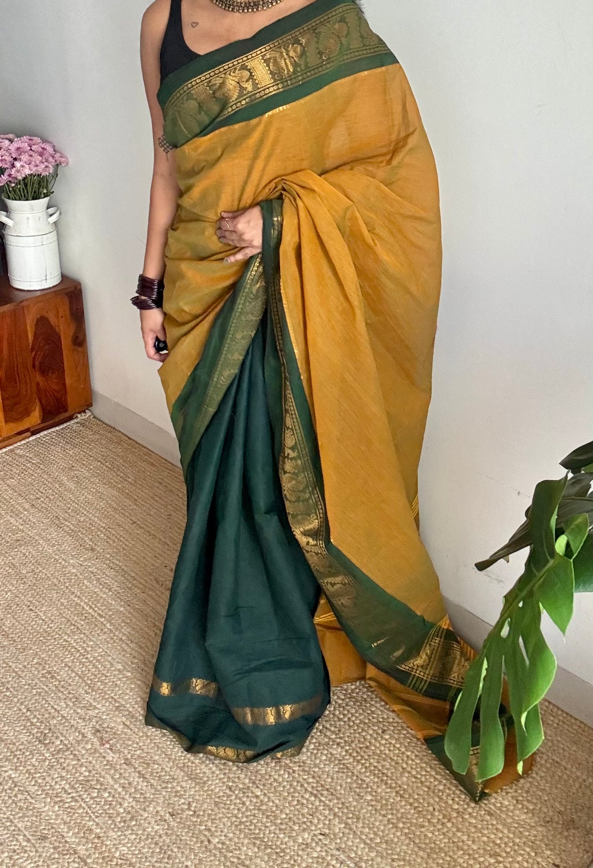 Ginger green with dark green, sungudi and chettinad cotton half and half saree - YCCOTNIDOC134