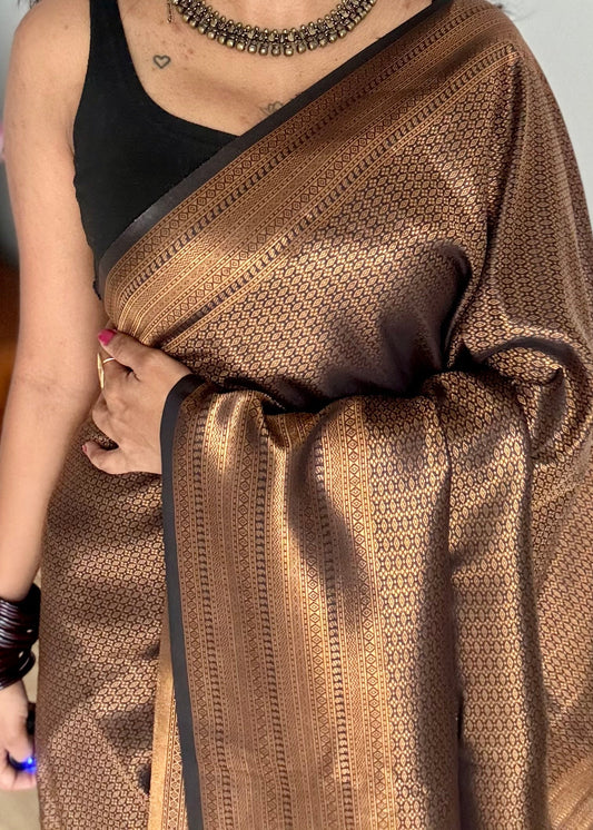 Black, antique gold zari, semi-silk - YCDOSOCSS08