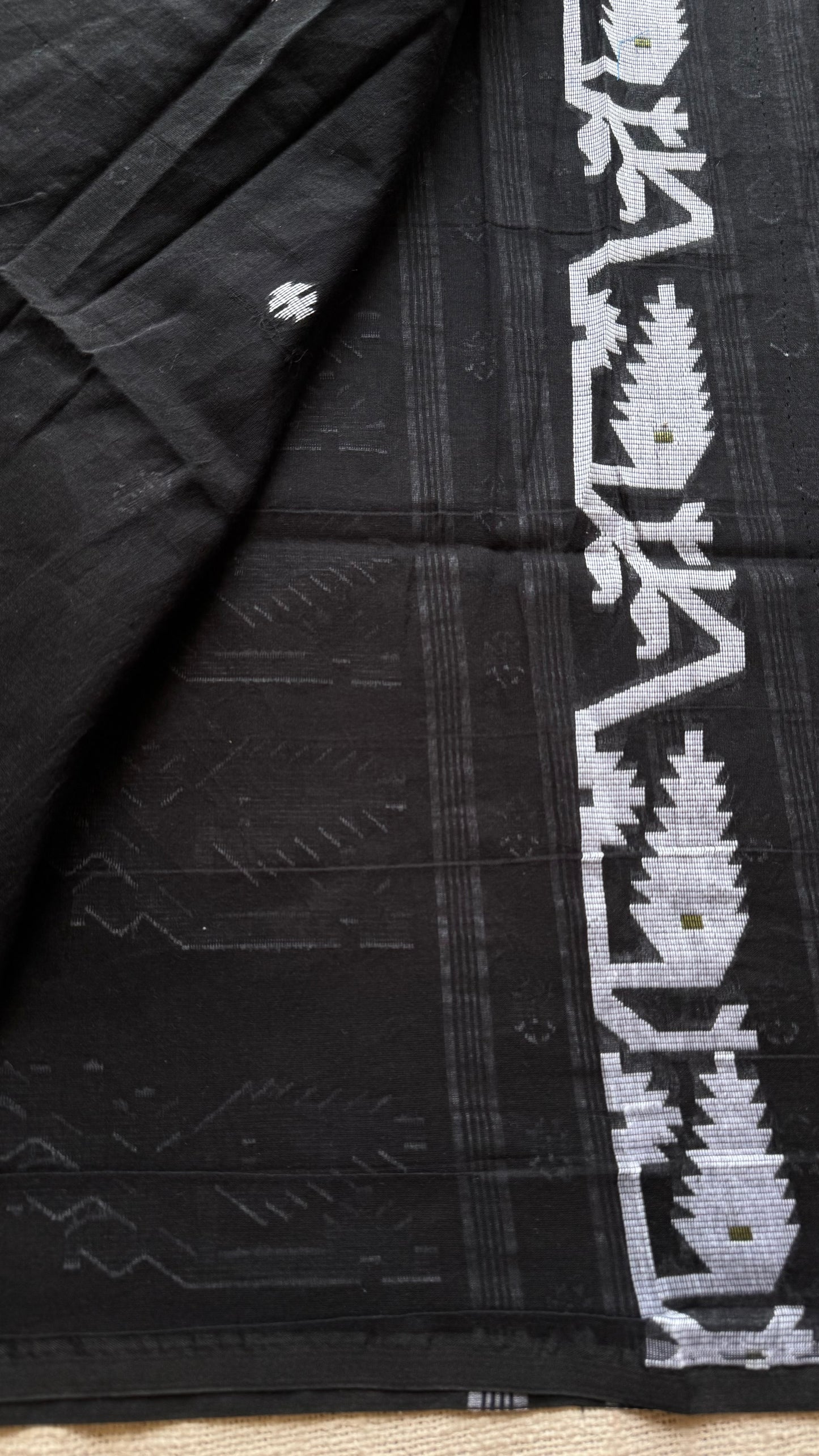 Black with white contrast jamdani saree in soft handloom cotton - YCBCJDFE377