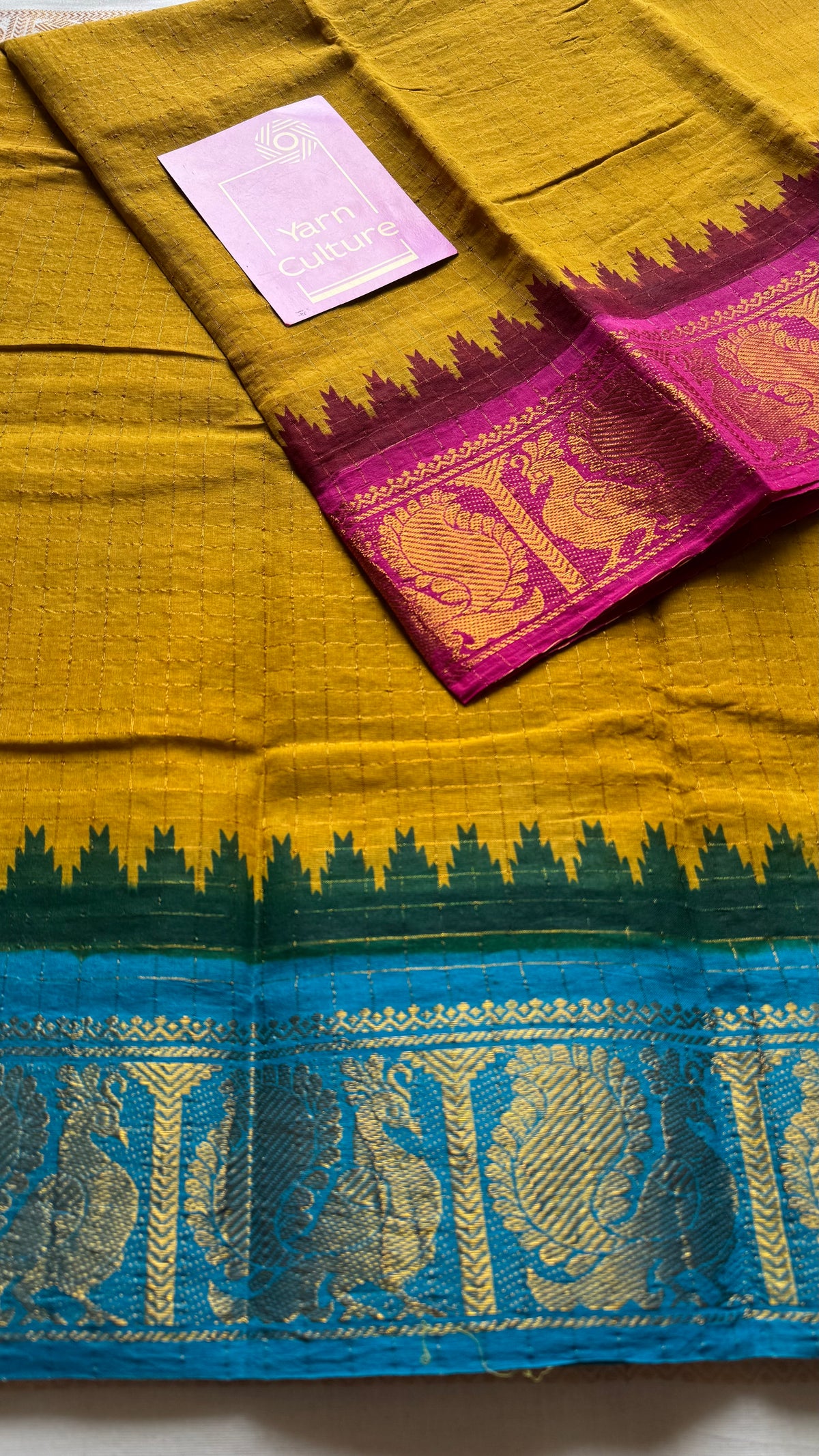 Sungudi cotton checks, mustard yellow base, blue and hot pink dual tone border, soft cotton - YCCOTNMSSE10