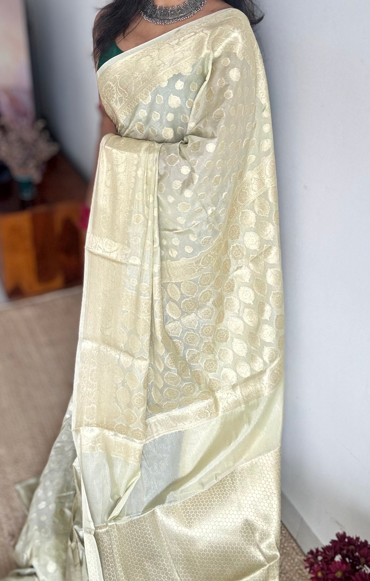 Pastel cream, muted gold buttas and zari, Banarasi semi-silk - YCDESE33