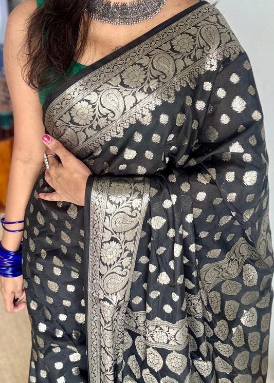 Black, silver buttas and zari, Banarasi semi-silk - YCDESE45