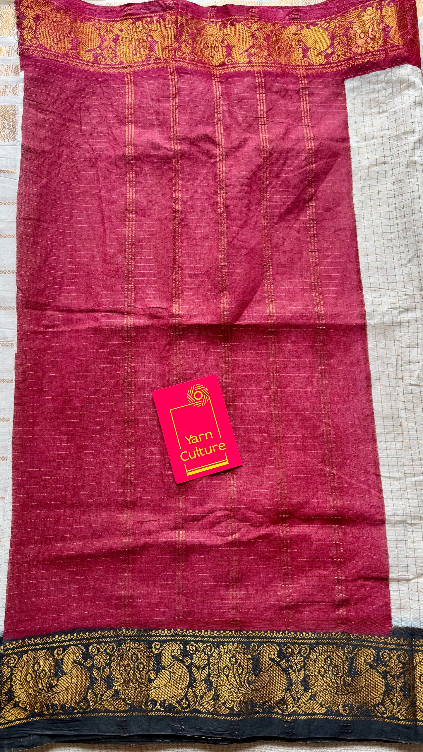 Ayesha : Chembarathi - Sungudi checks, ivory gold base, black and maroon dual tone border, soft cotton - YCIEON162