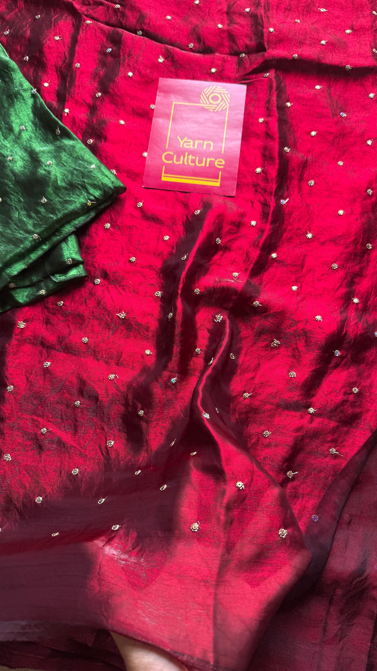 Metallic dual tone space silk saree, dark red with sequins - YCDOSOC48