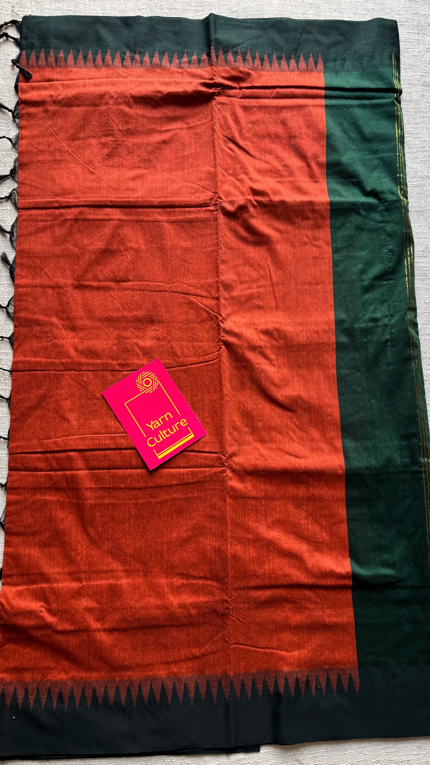 Orange with dark green temple border, cotton silk - YCCOTNCSDE93