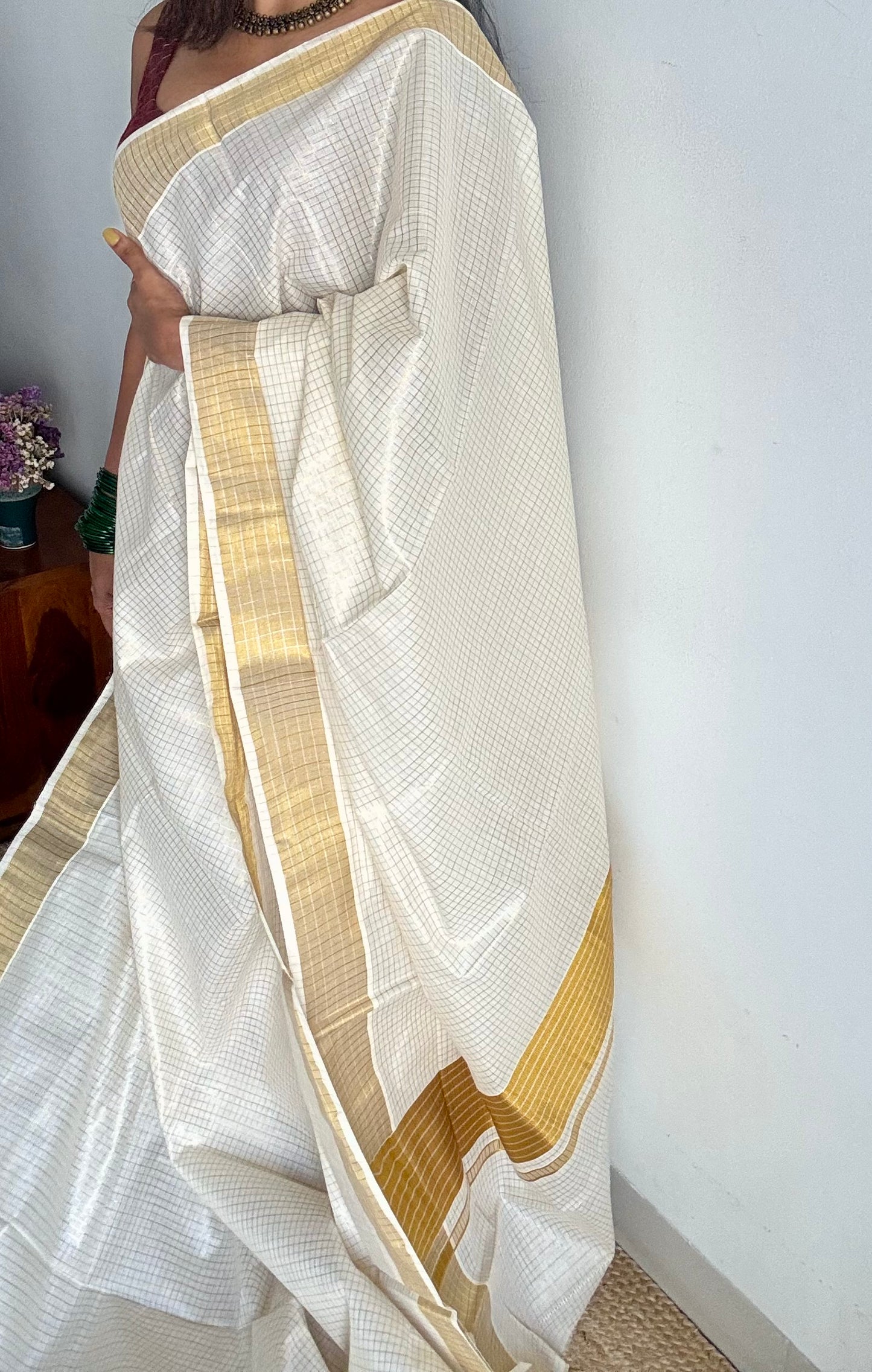 Ivory Kerala tissue cotton saree with silver and gold checks - YCIEKCFE308