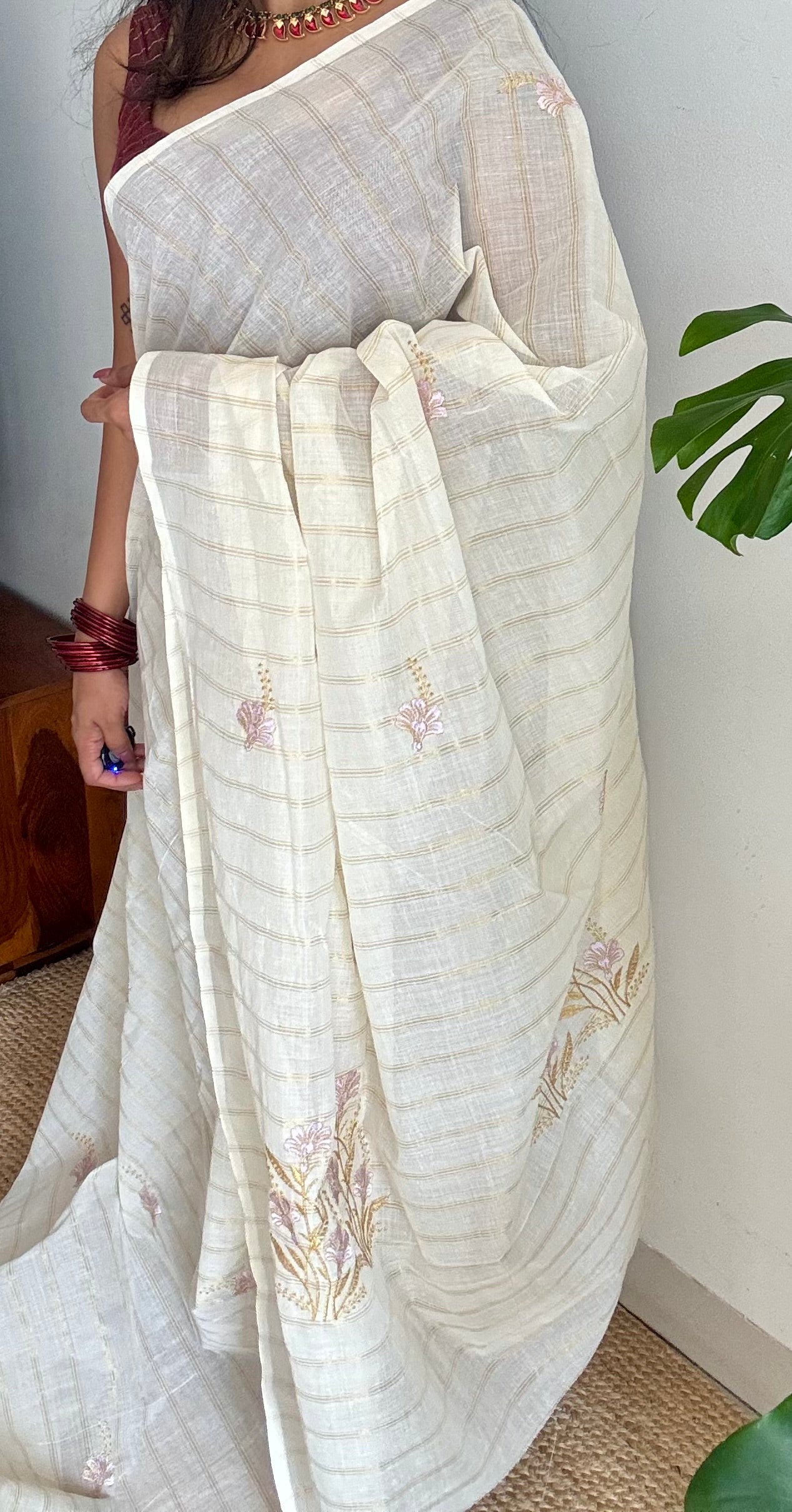 Ivory and gold soft cotton saree, lavender floral embroidery  - YCIEON53