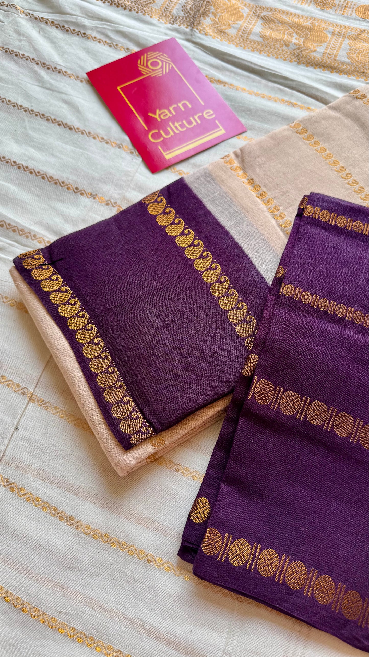 Ivory with purple brown contrast paisley sungudi, kattuchayam dyed madurai cotton - YCIEON90