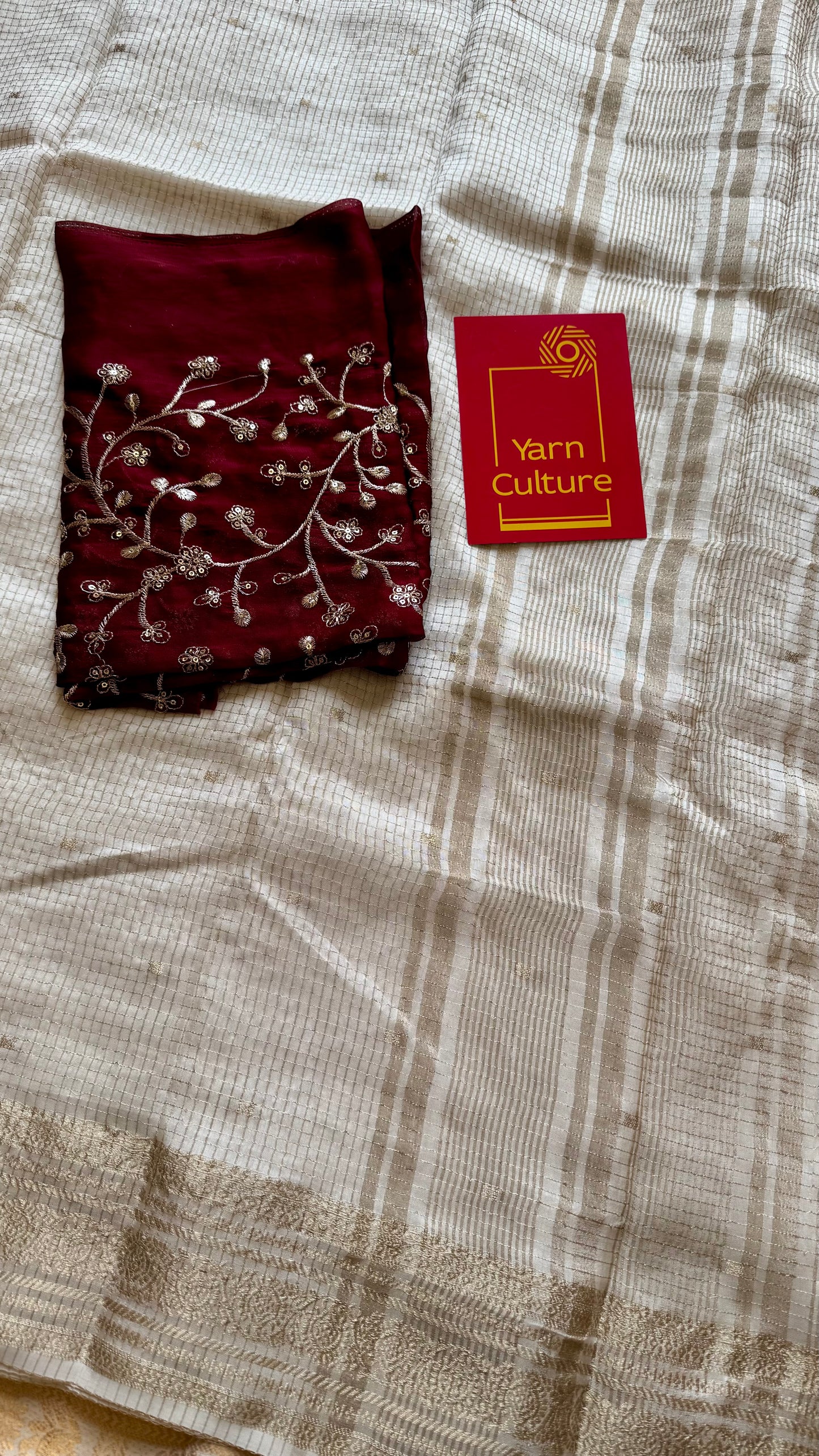 Off white and gold soft georgette saree, checks, gold border - YCIEON84