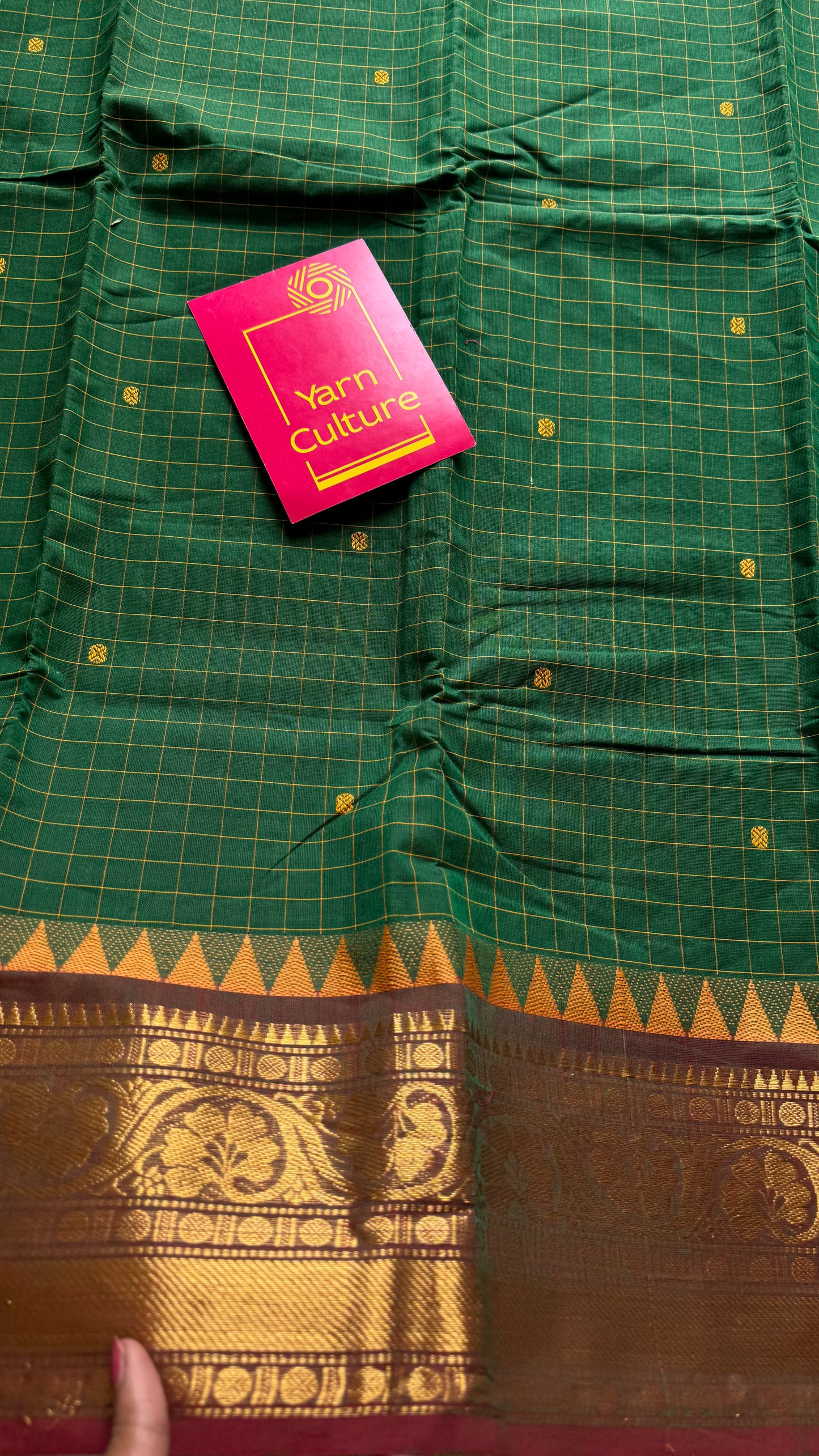 Kanchi cotton saree, green checks with maroon temple motif border - YCCOTNAP78
