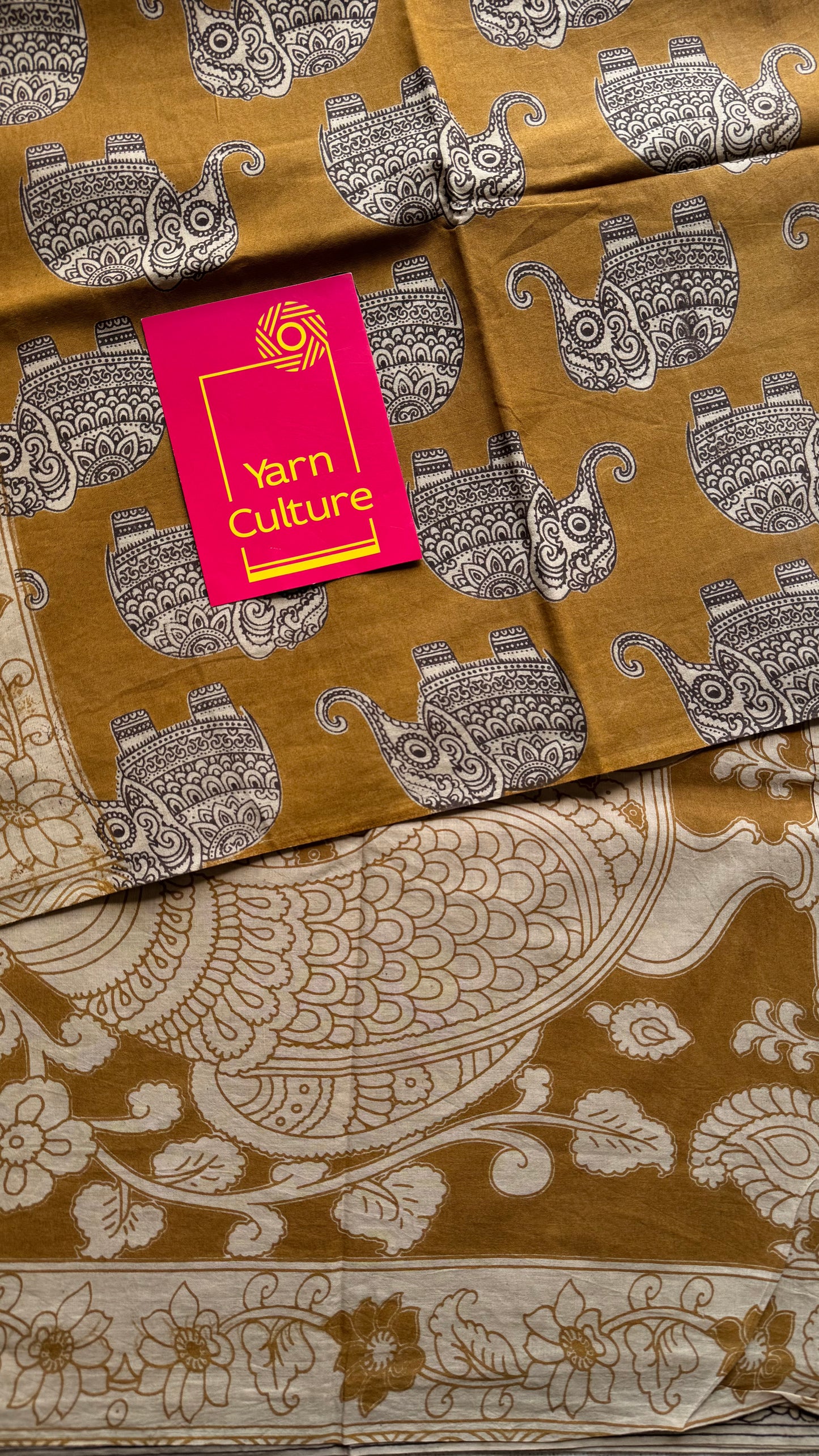 Light brown kalamkari, elephant motifs, soft cotton - YCWOTDOCMP83