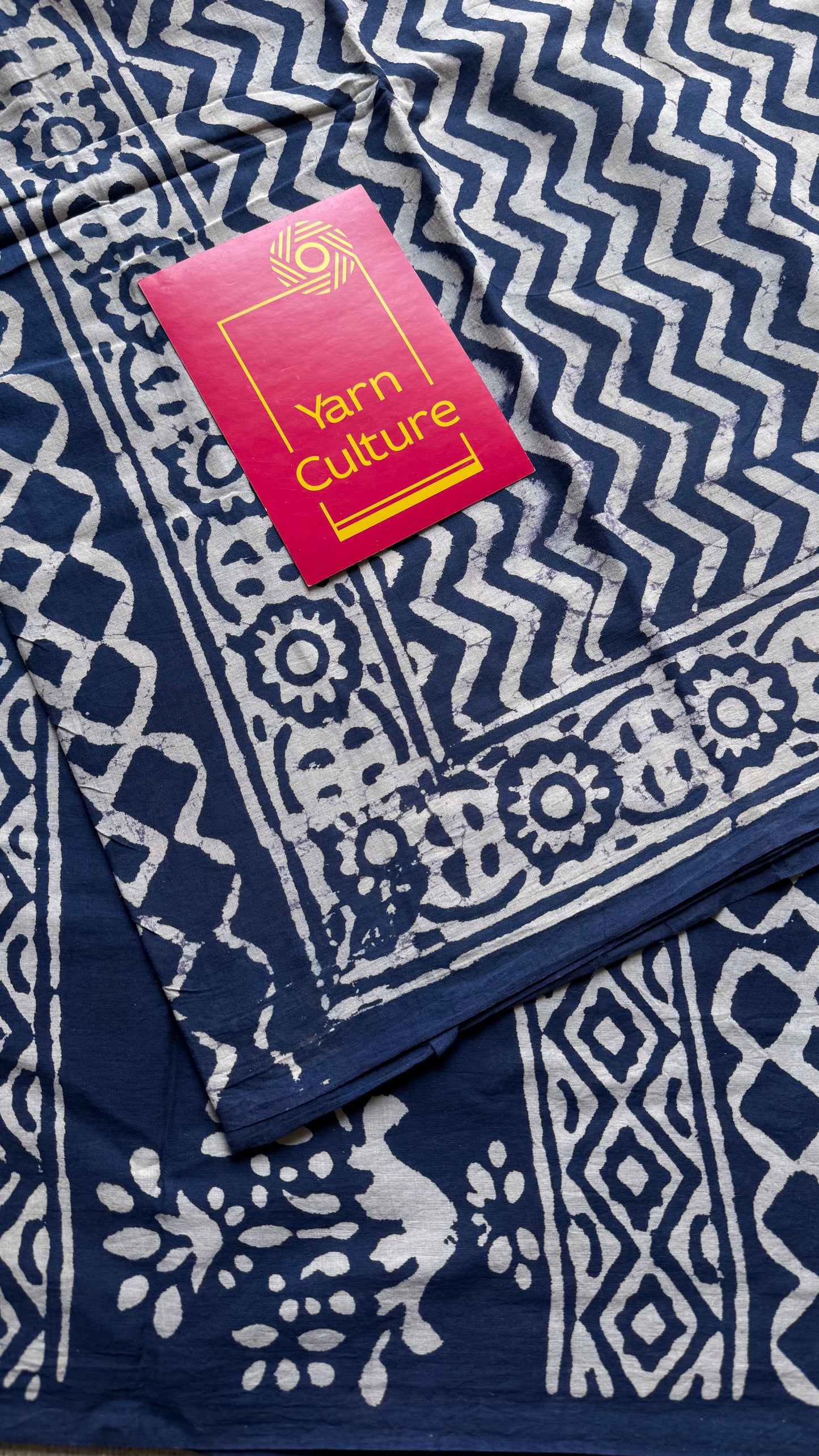 Beige with indigo zig zag motifs, block printed soft cotton saree - YCTORCMA22