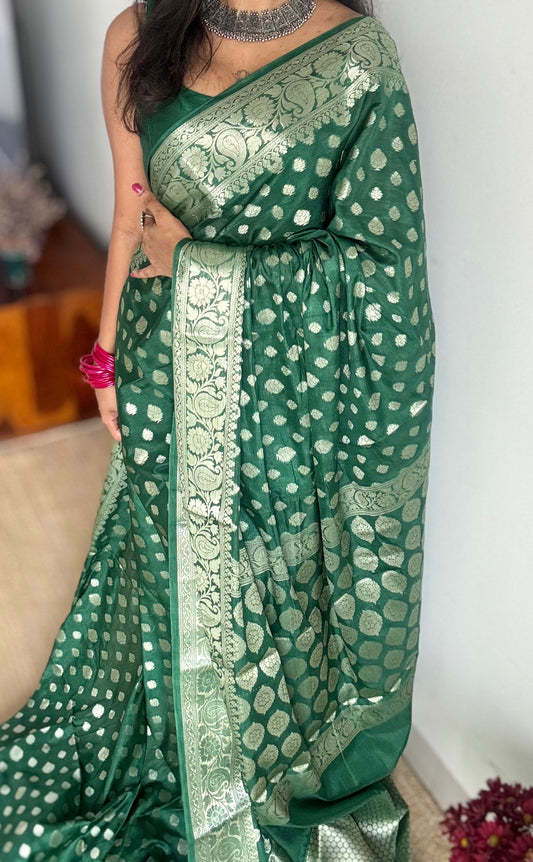 Bottle green, silver buttas and zari, Banarasi semi-silk - YCDESE40