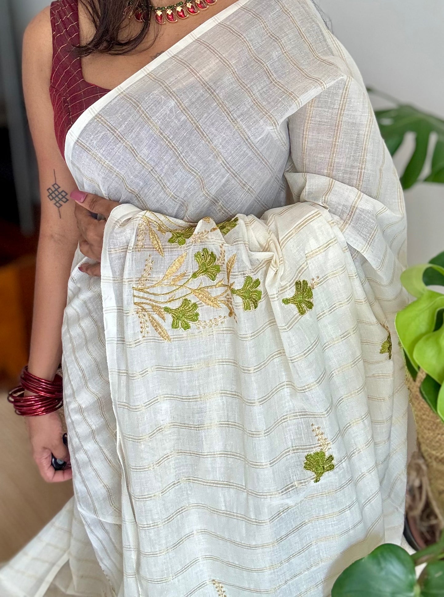 Ivory and gold soft cotton saree, light green floral embroidery  - YCIEON49