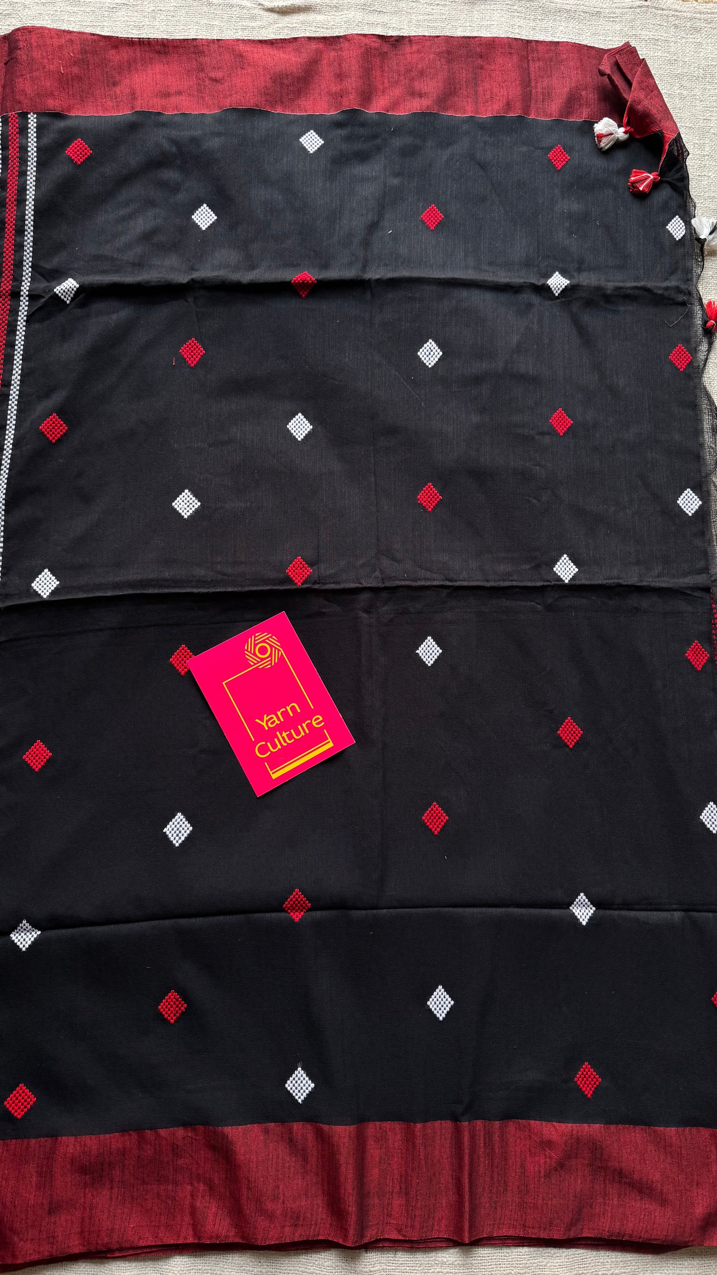 Black with red, soft khadi cotton with woven motifs - YCBCKCDE25
