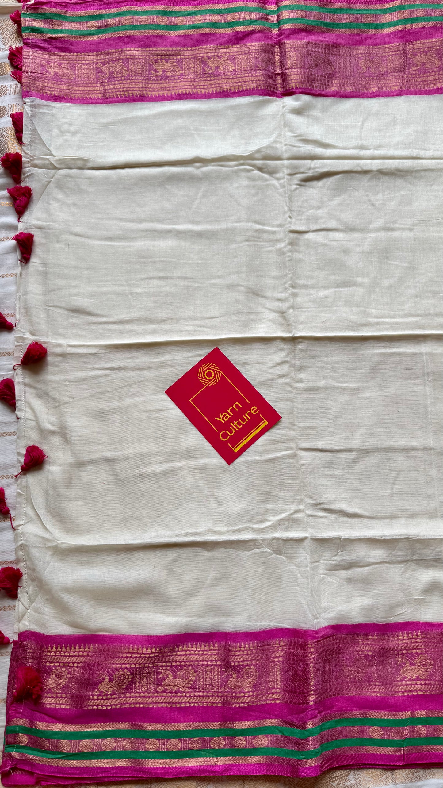 Ivory mul saree, magenta and green kanchi border - YCIEON10