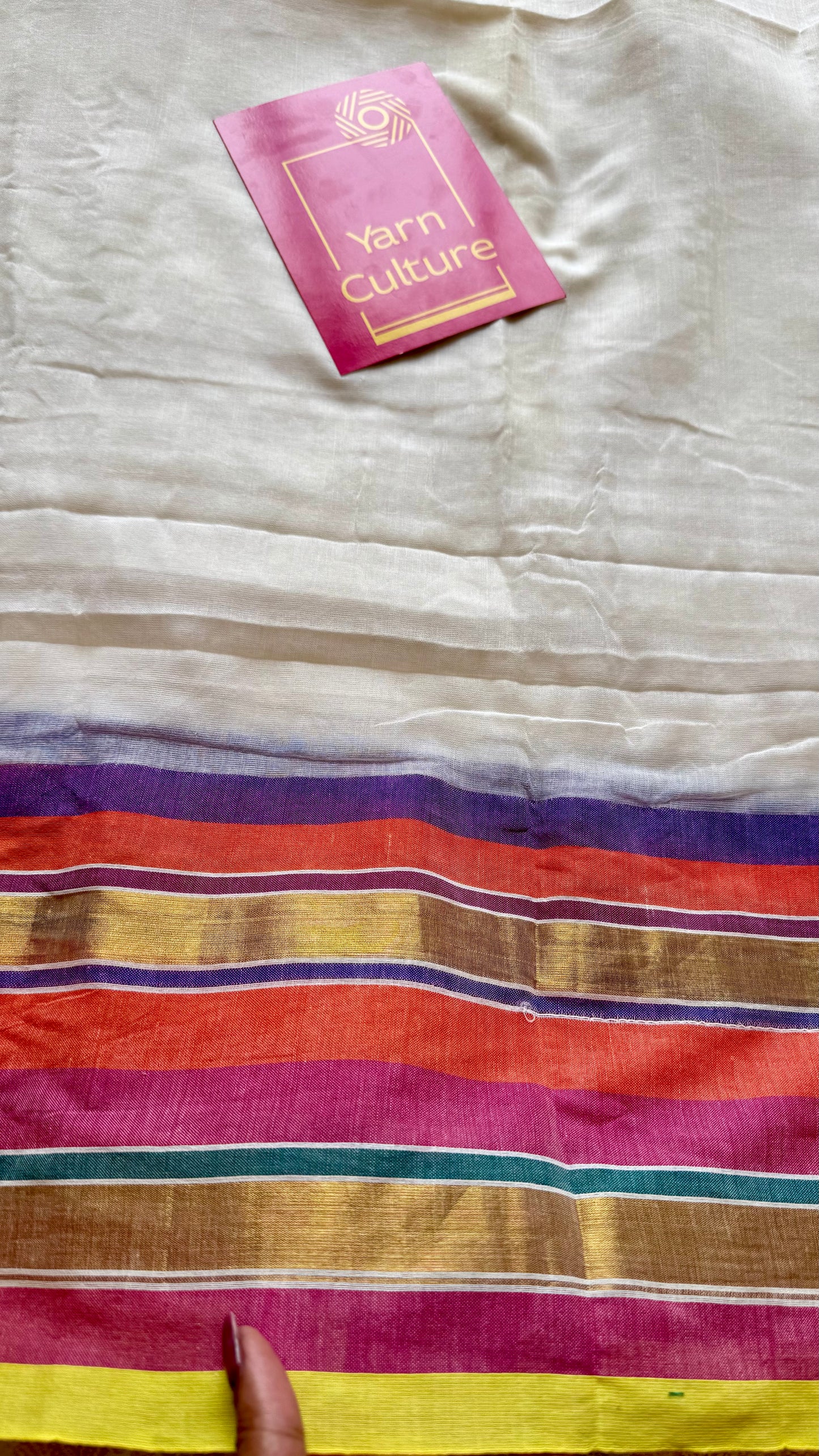 Ivory mul saree, multicoloured border - YCIEON34