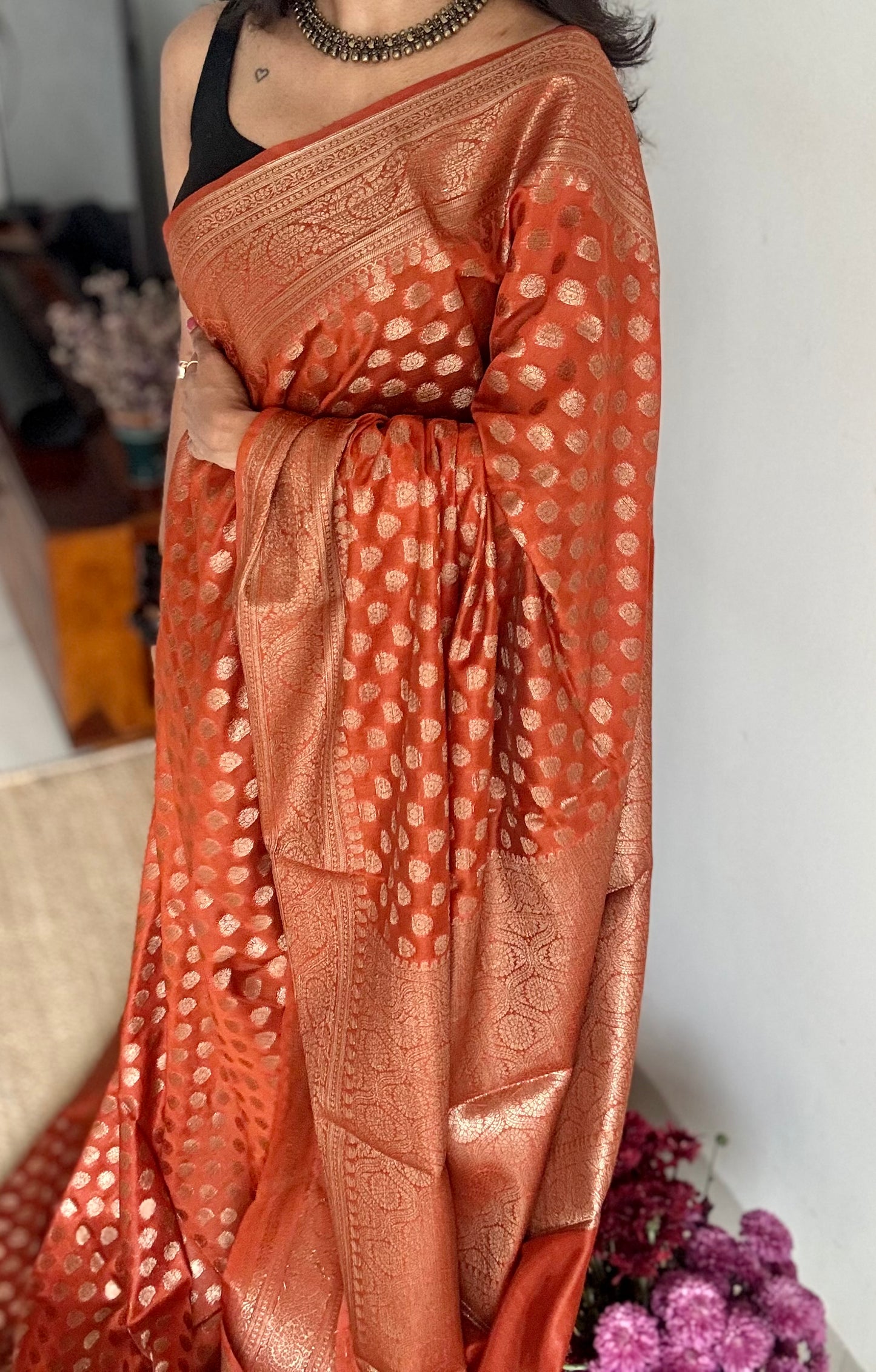 Topaz - Burnt orange, antique gold zari, Banarasi semi georgette - YCBLFEGAGZ19