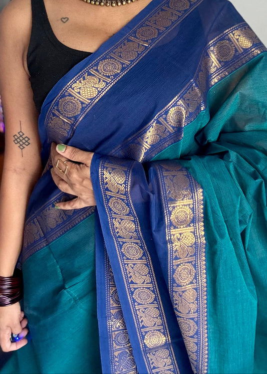 Peacock blue with blue rettaipet double zari border, kanchi cotton saree - YCCOTNCCOC112