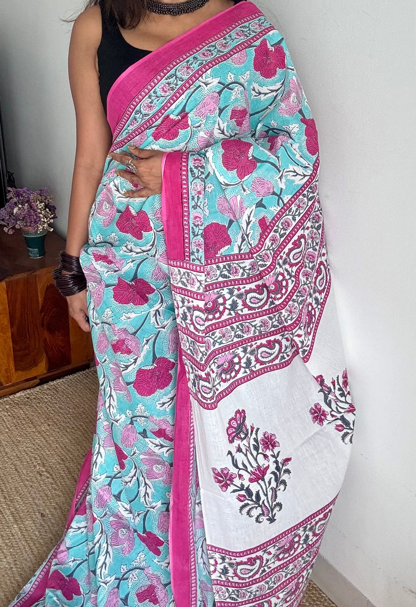 Turquoise floral soft cotton saree - YCTORCMA08