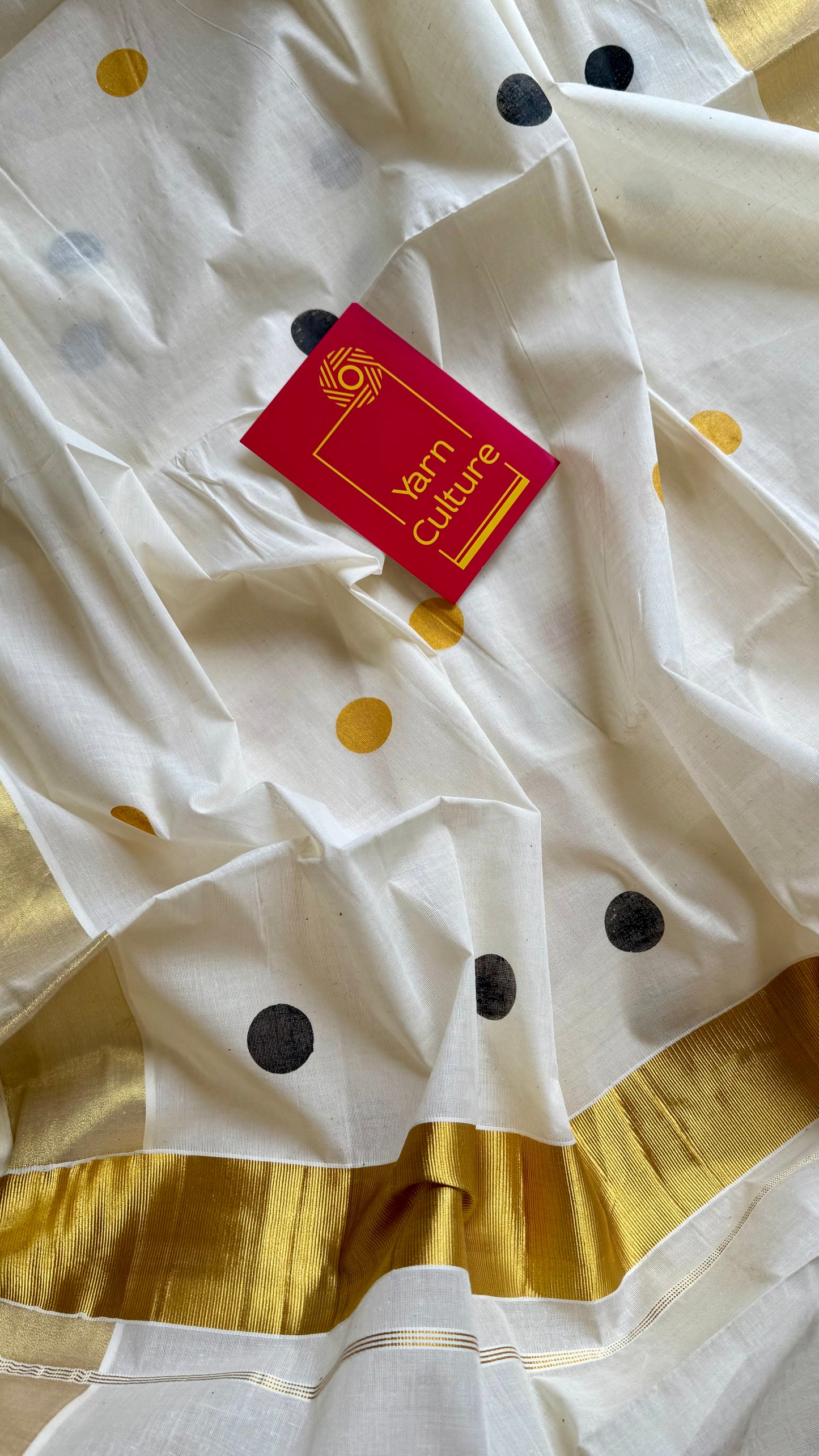 Ivory and gold soft cotton kasavu saree, black and yellow polka - YCIEON72