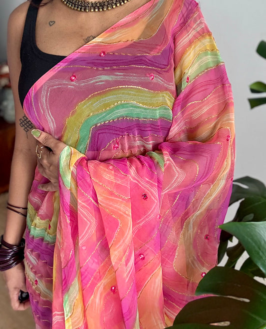 Pink multicoloured leheriya chiffon saree with mirror work  - YCTORLOC98
