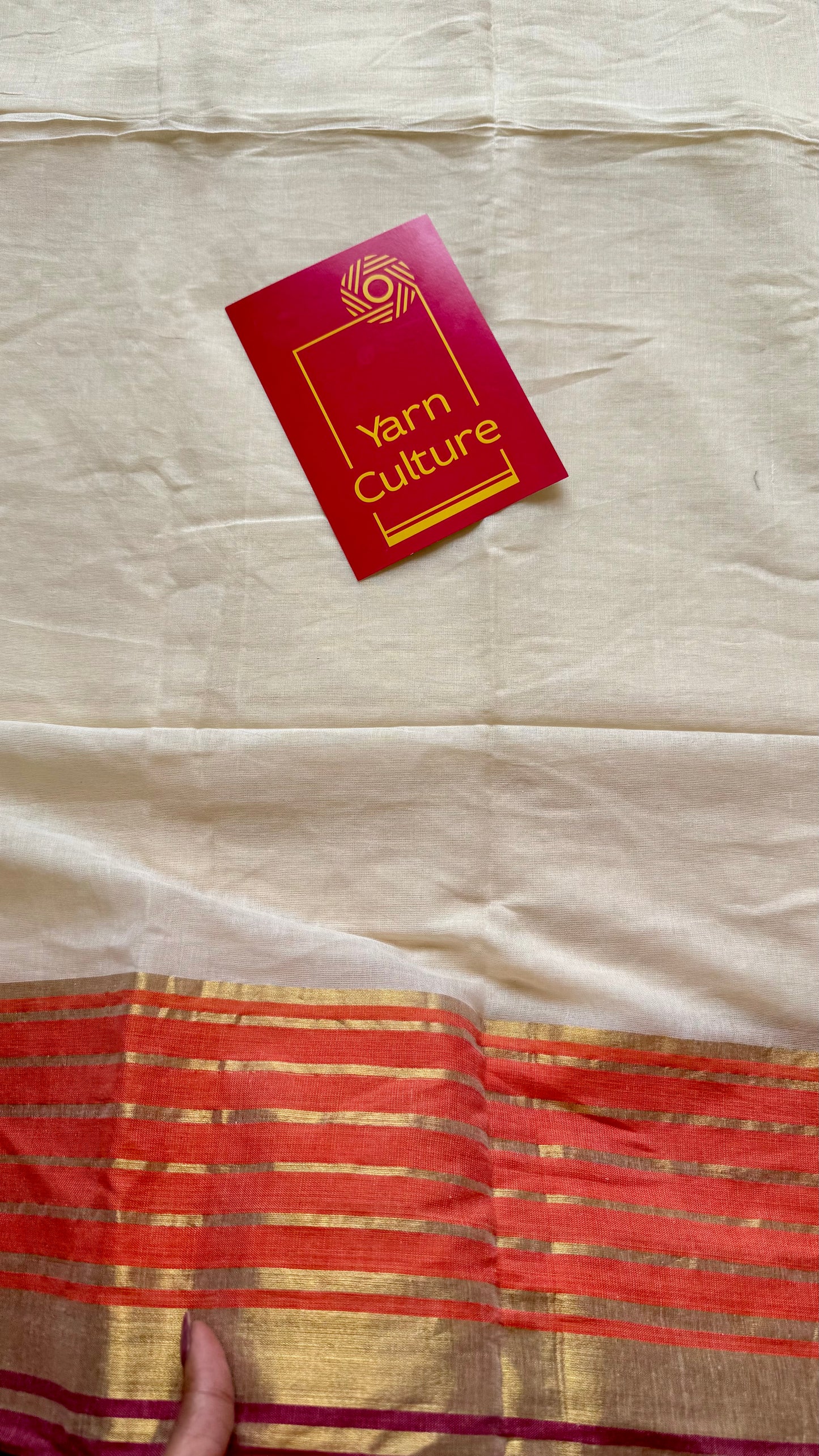 Ivory mul saree, orange with maroon striped border - YCIEON13