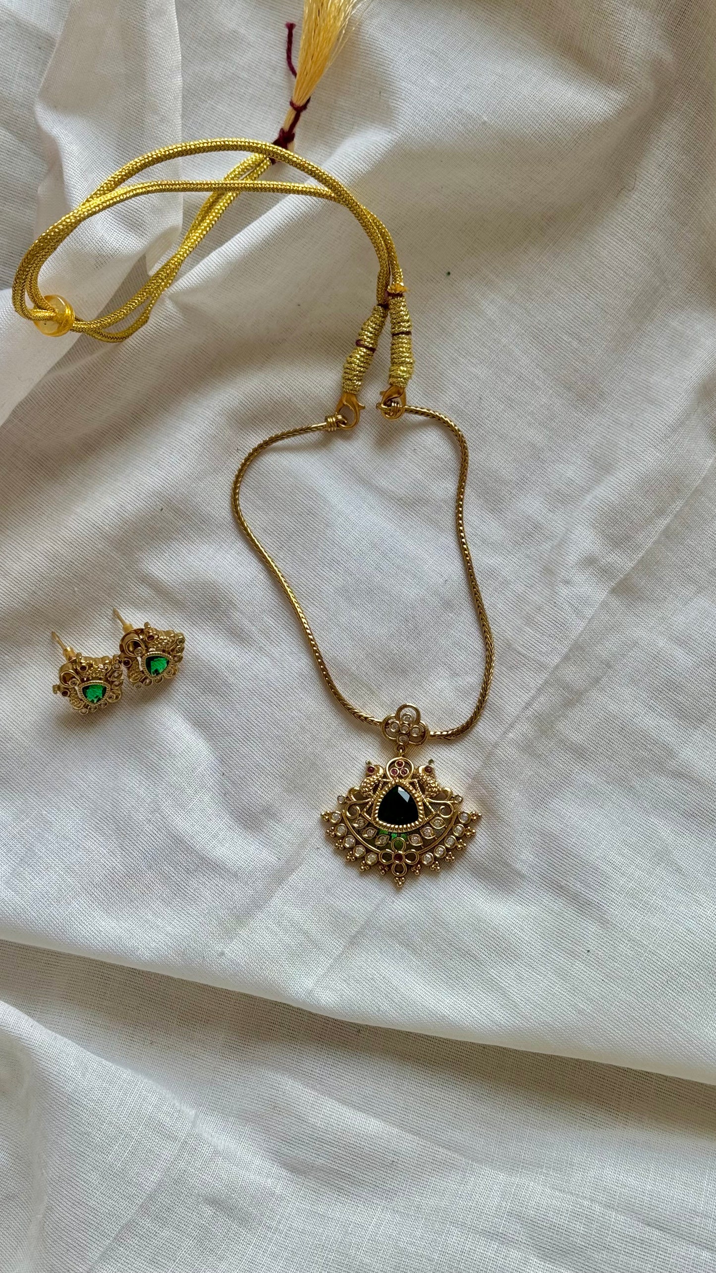 Green, white, ruby stone pendant neckpiece, with earrings - YCGPNP674