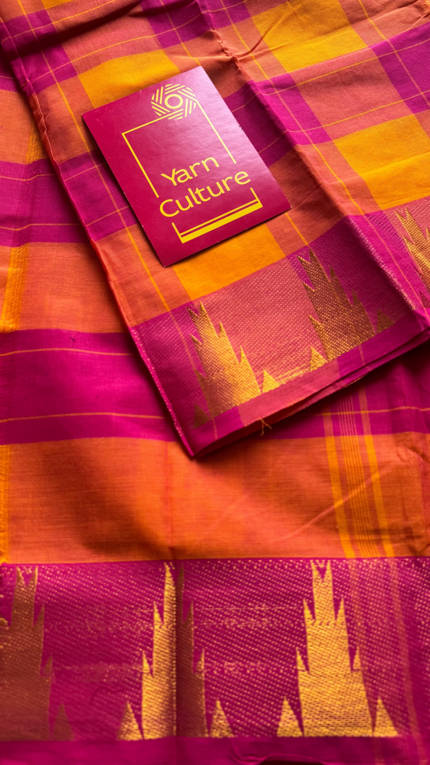Chettinad cotton saree with yellow and pink checks, temple motif border - YCCOTNAP59