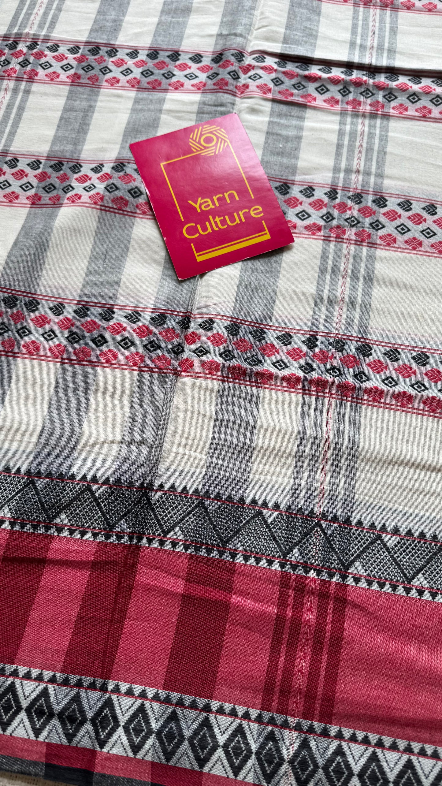 Pure Dhaniakhali tant in white, red and black patterened border - YCBCDP23