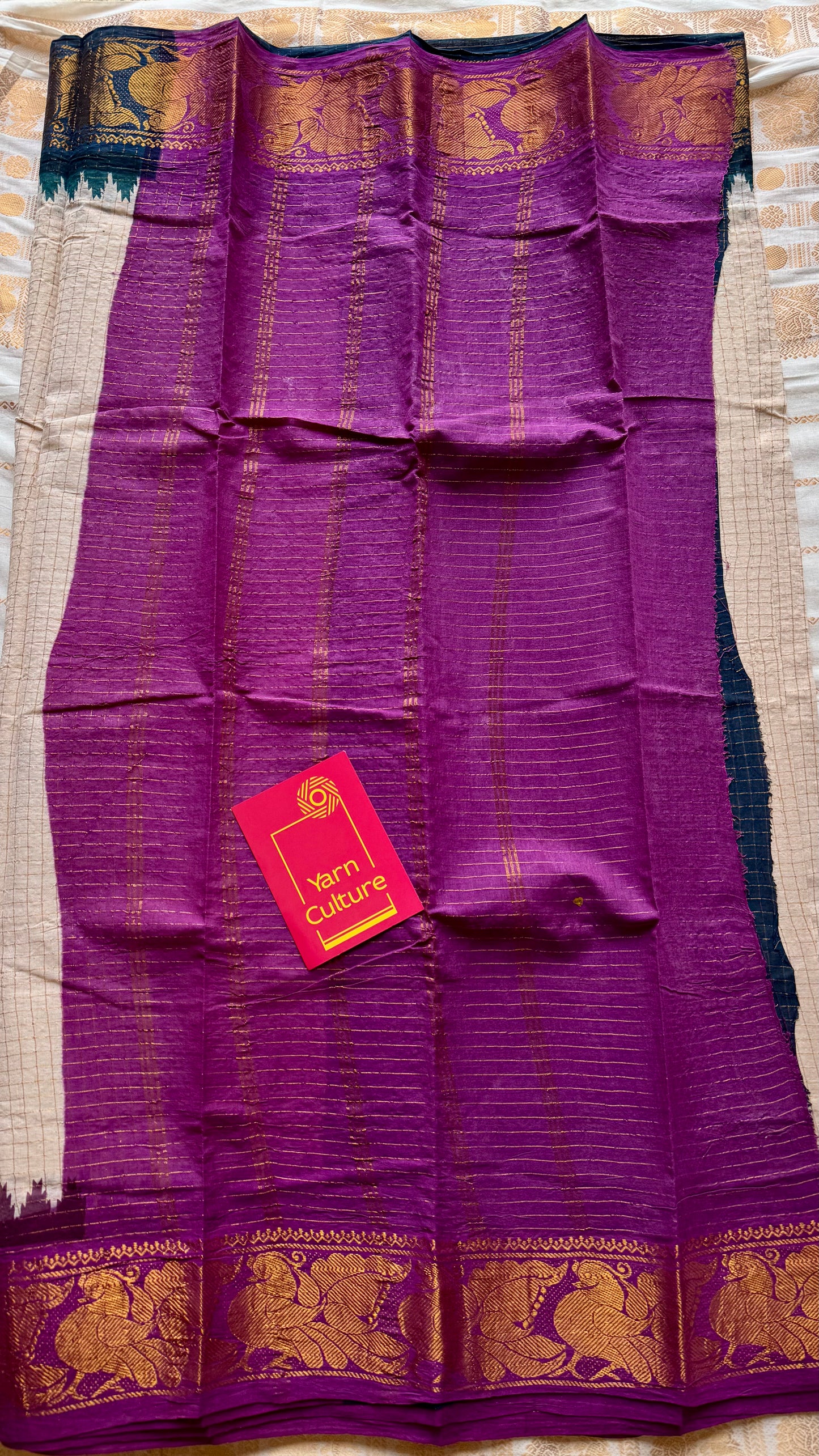 Sungudi cotton checks, ivory gold base, teal and magenta dual tone border, soft cotton - YCIEON101