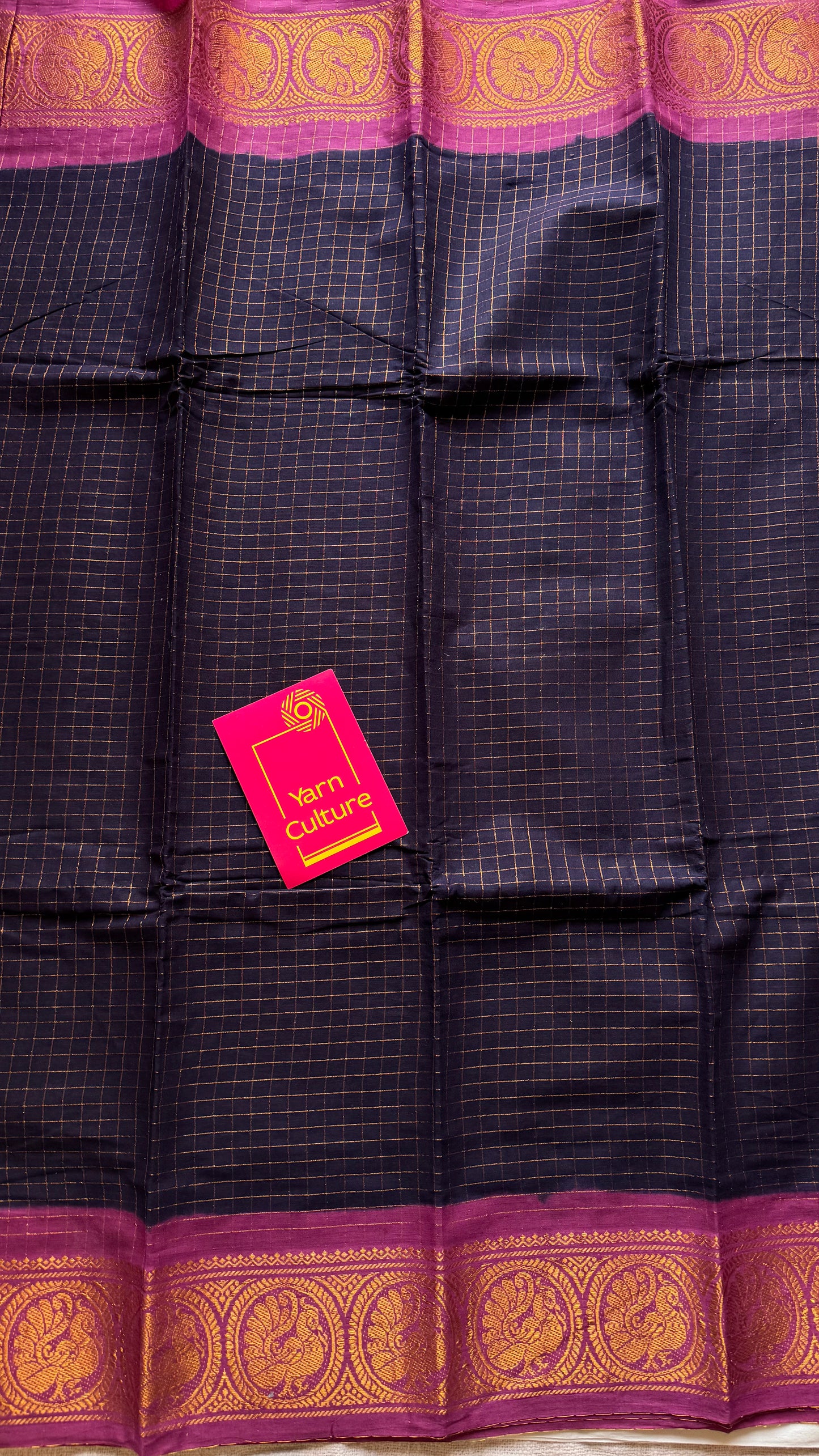 Dark blue with mauve pink contrast zari checkered sungudi, kattuchayam dyed madurai cotton - YCCOTNMSAP93
