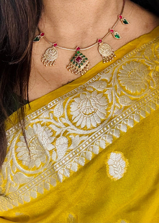 Antique gold multipendants, lakshm coin, ruby and green stones with earrings - YCGPNP456