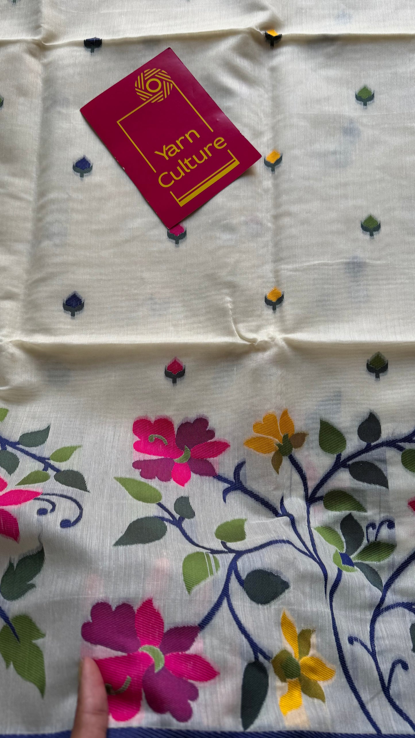 Ivory with navy blue border and multicolour floral motifs, cotton saree - YCIEBCFE325