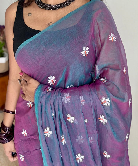 Dual tone blue purple parijat mul cotton saree  - YCBCMCAP32