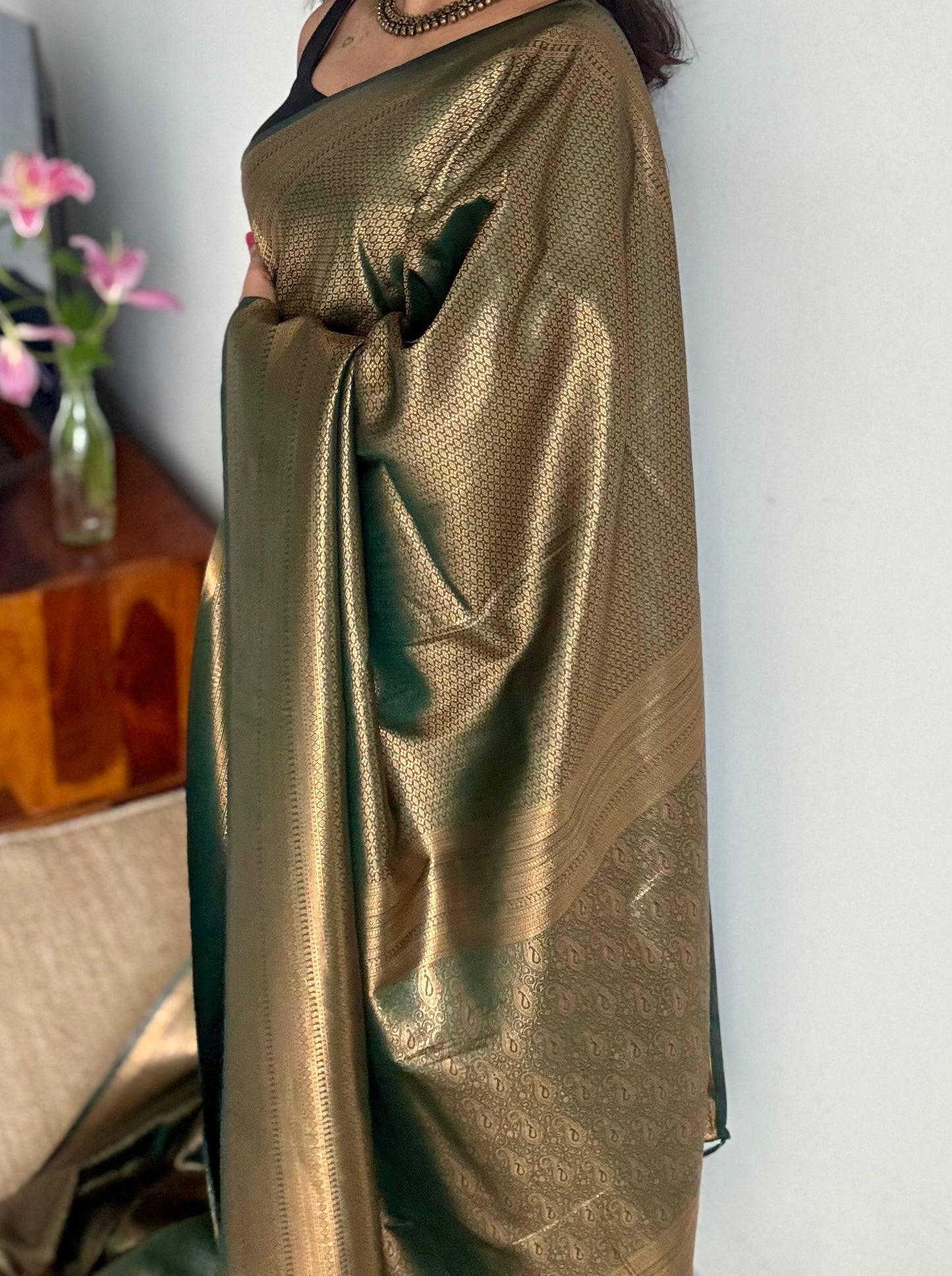 Dark green, antique gold zari, semi -silk - YCDOSOCSS04